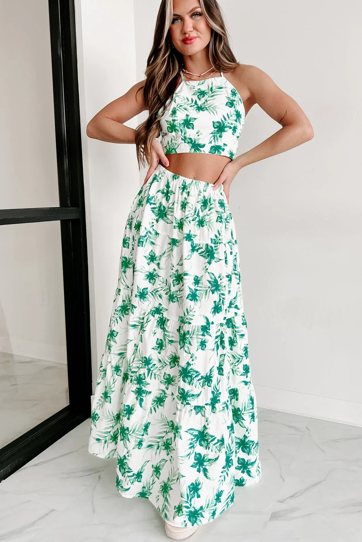 Effortless & Easy Two Piece Skirt Set (White/Green)