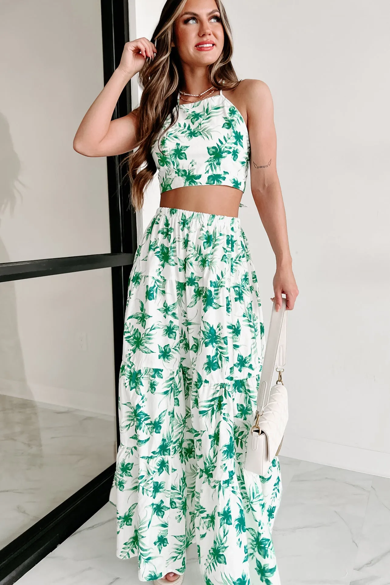 Effortless & Easy Two Piece Skirt Set (White/Green)