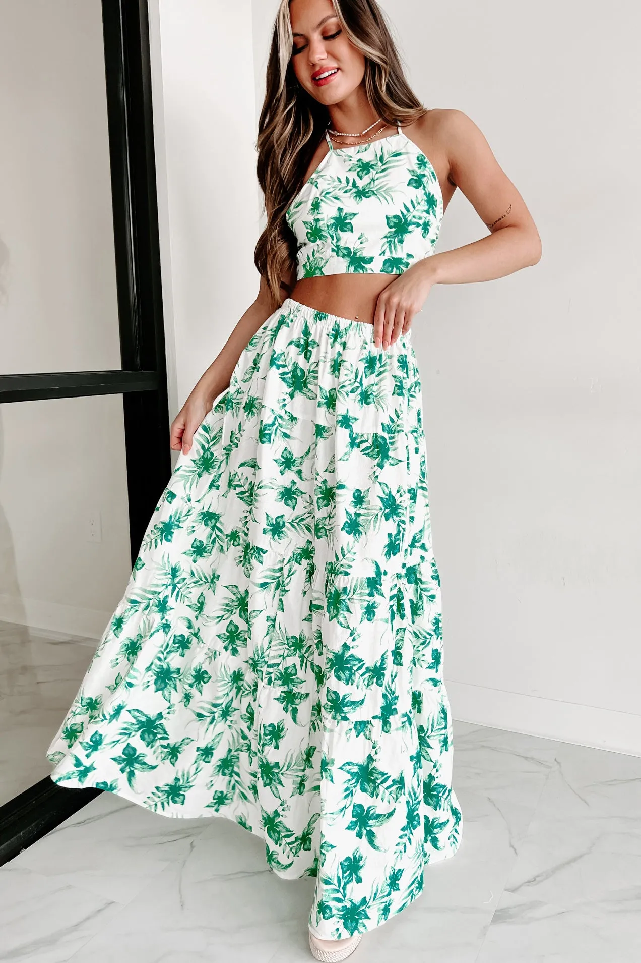Effortless & Easy Two Piece Skirt Set (White/Green)