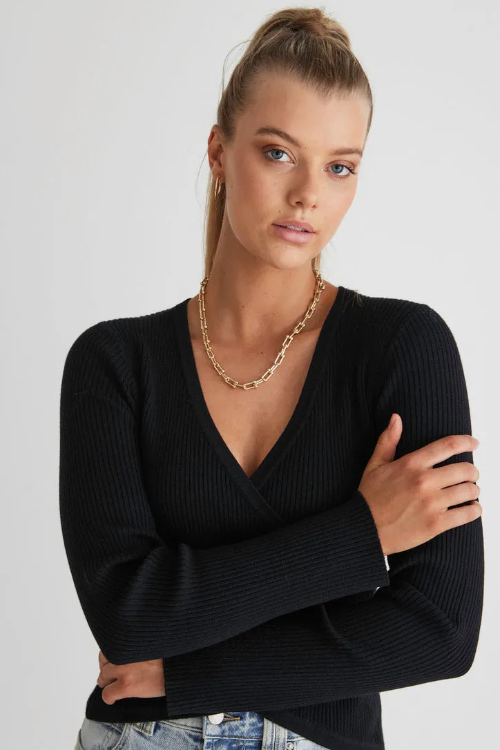 Feel Good Black Ls Wrap Rib Knit Top