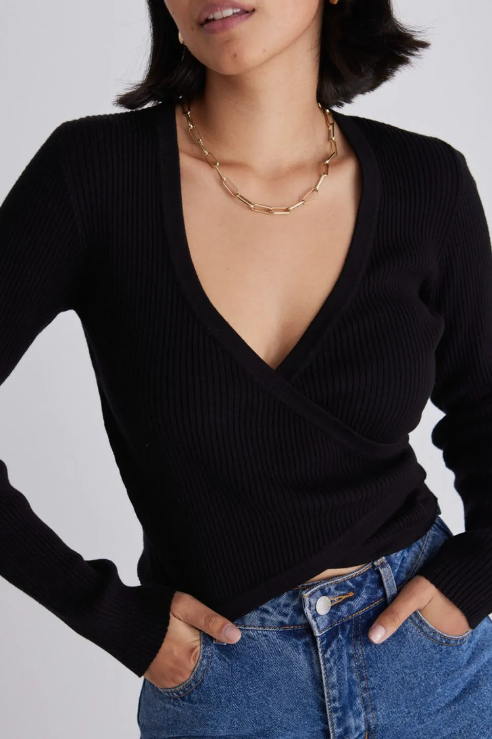 Feel Good Black Ls Wrap Rib Knit Top