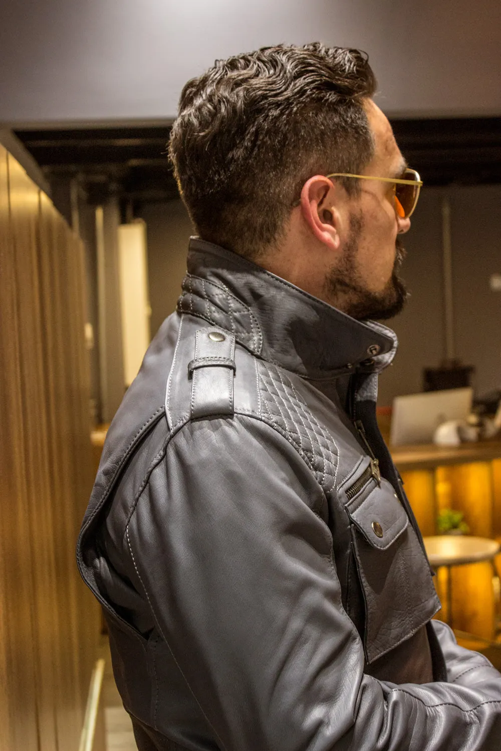 FIELD FR Leather Jacket in Calfskin - Gray  - Mid-Length