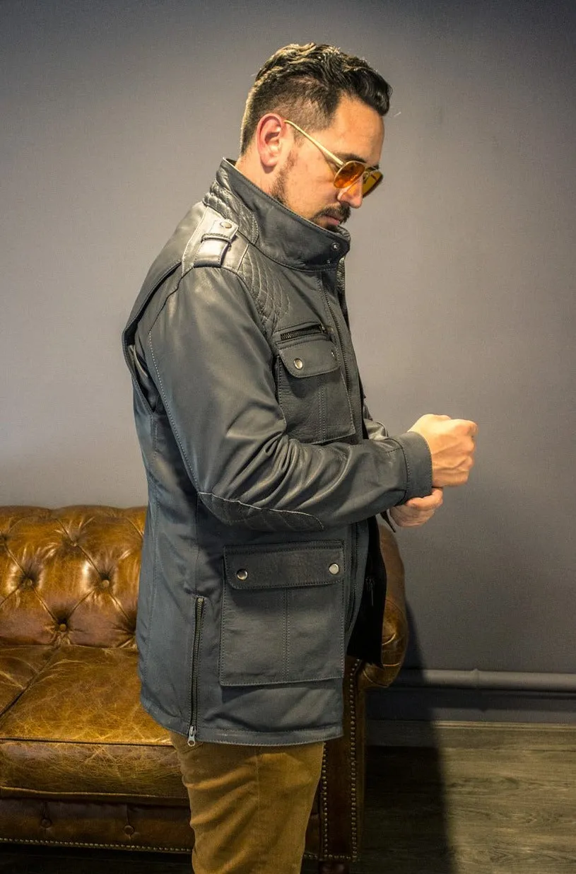 FIELD FR Leather Jacket in Calfskin - Gray  - Mid-Length