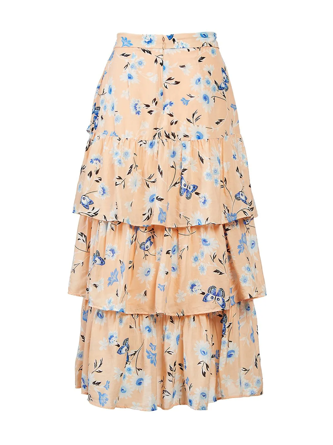 Floral Tiered Flounce Maxi Skirt in Pastel Peach