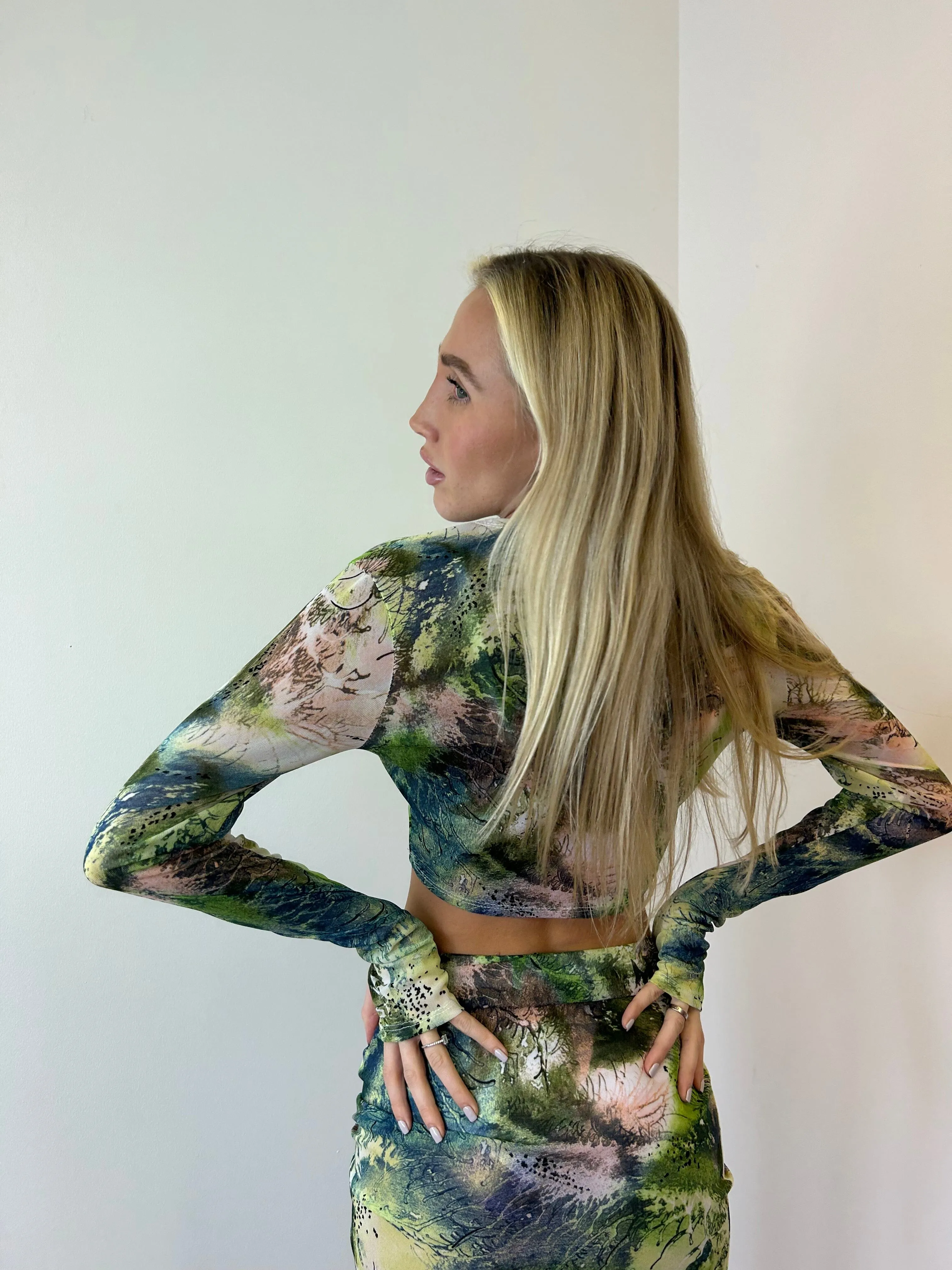 Forest Pattern Drawstring Mesh Maxi Two Piece