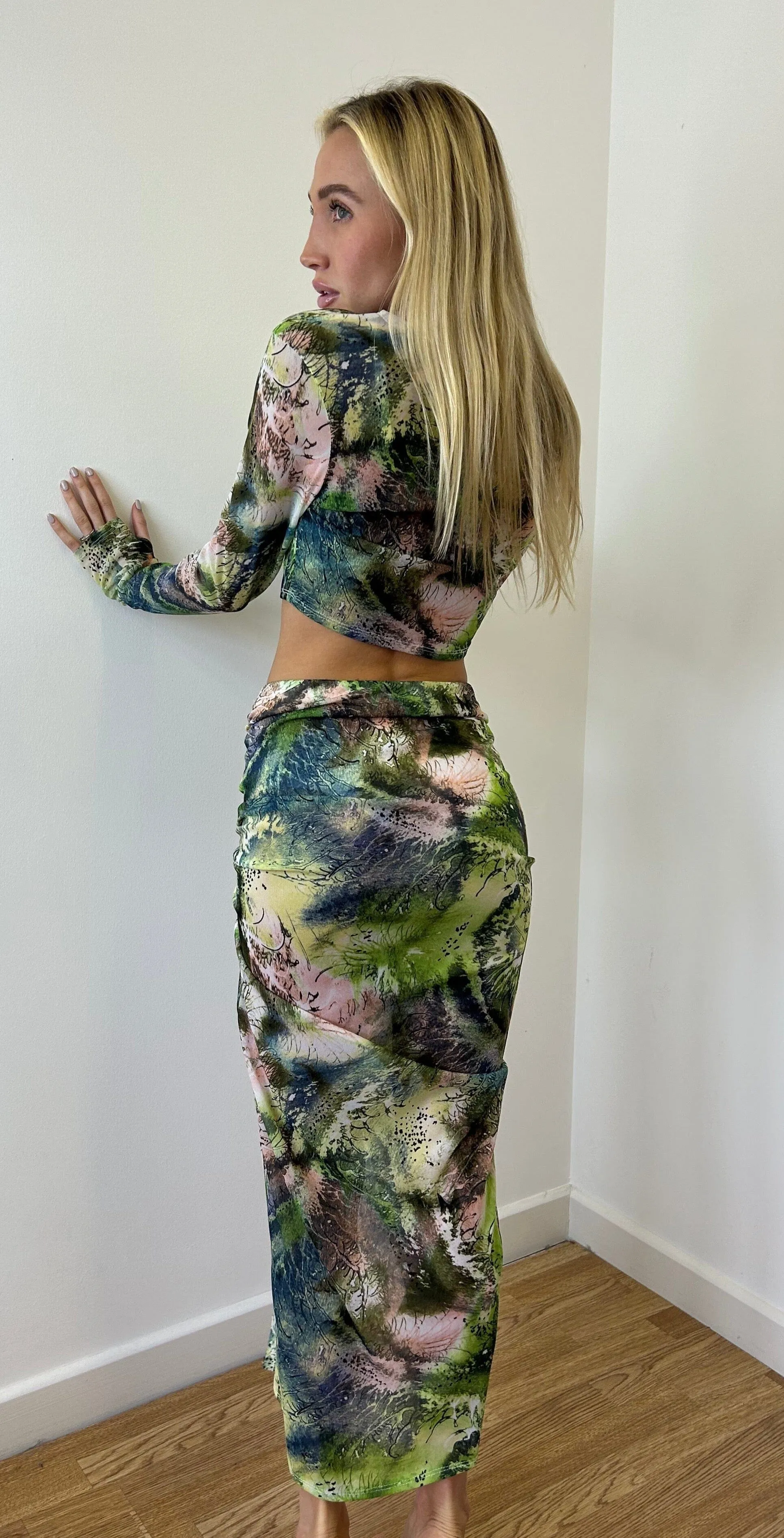 Forest Pattern Drawstring Mesh Maxi Two Piece