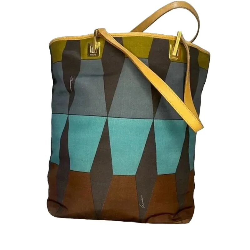 Gucci multi-color tribal print silk & leather large tote