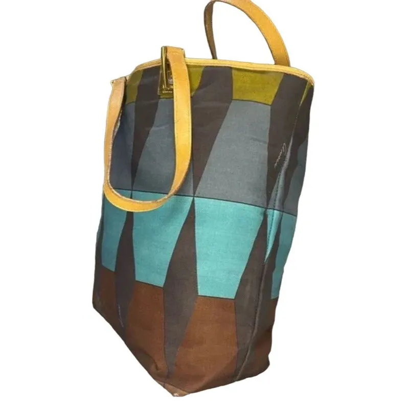 Gucci multi-color tribal print silk & leather large tote