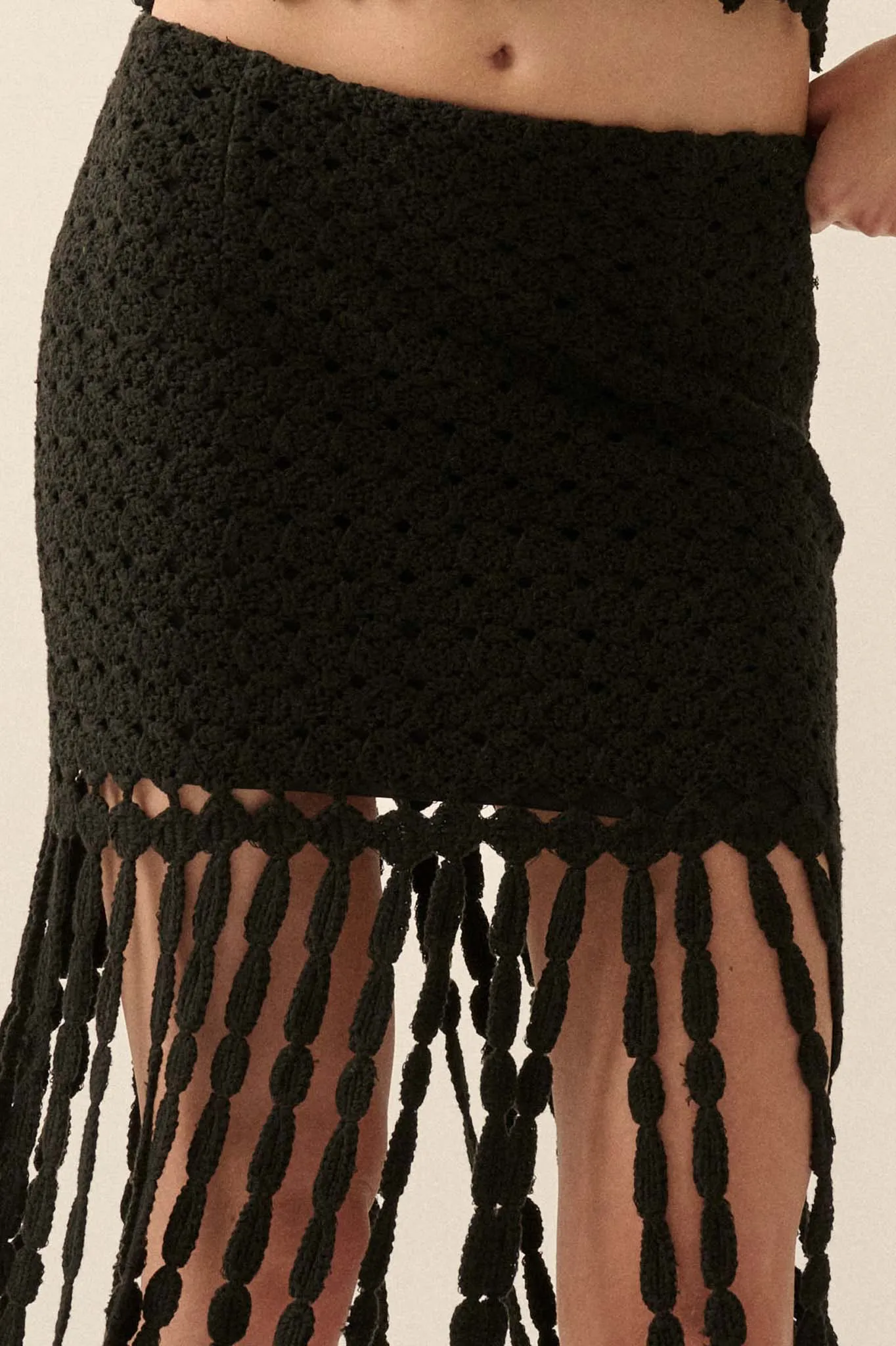 Hippie Spirit Crochet Knit Fringe Maxi Skirt