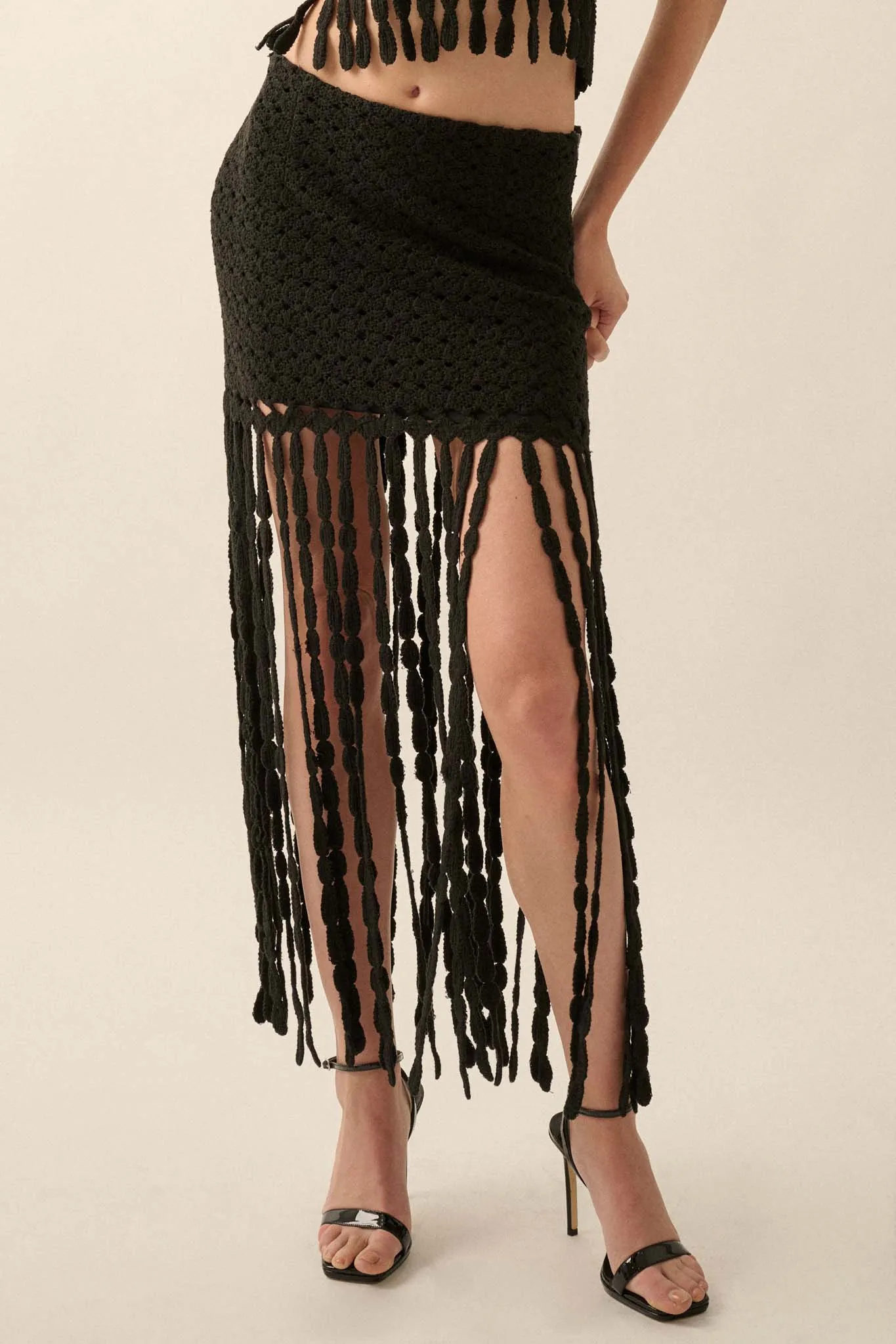 Hippie Spirit Crochet Knit Fringe Maxi Skirt