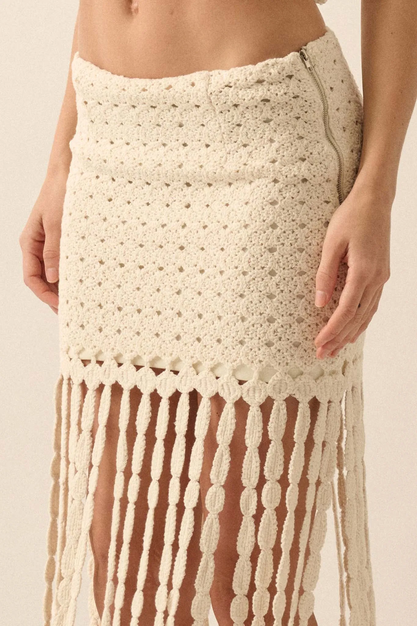Hippie Spirit Crochet Knit Fringe Maxi Skirt