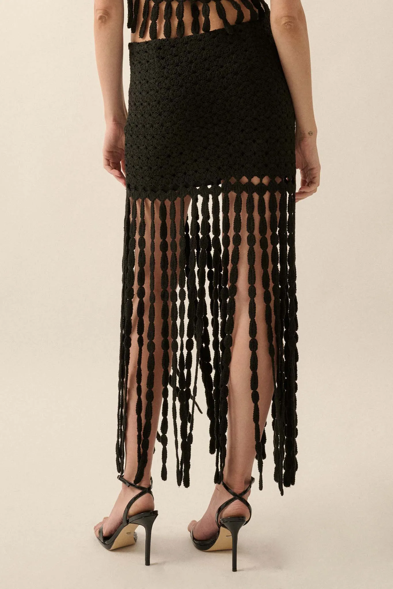 Hippie Spirit Crochet Knit Fringe Maxi Skirt