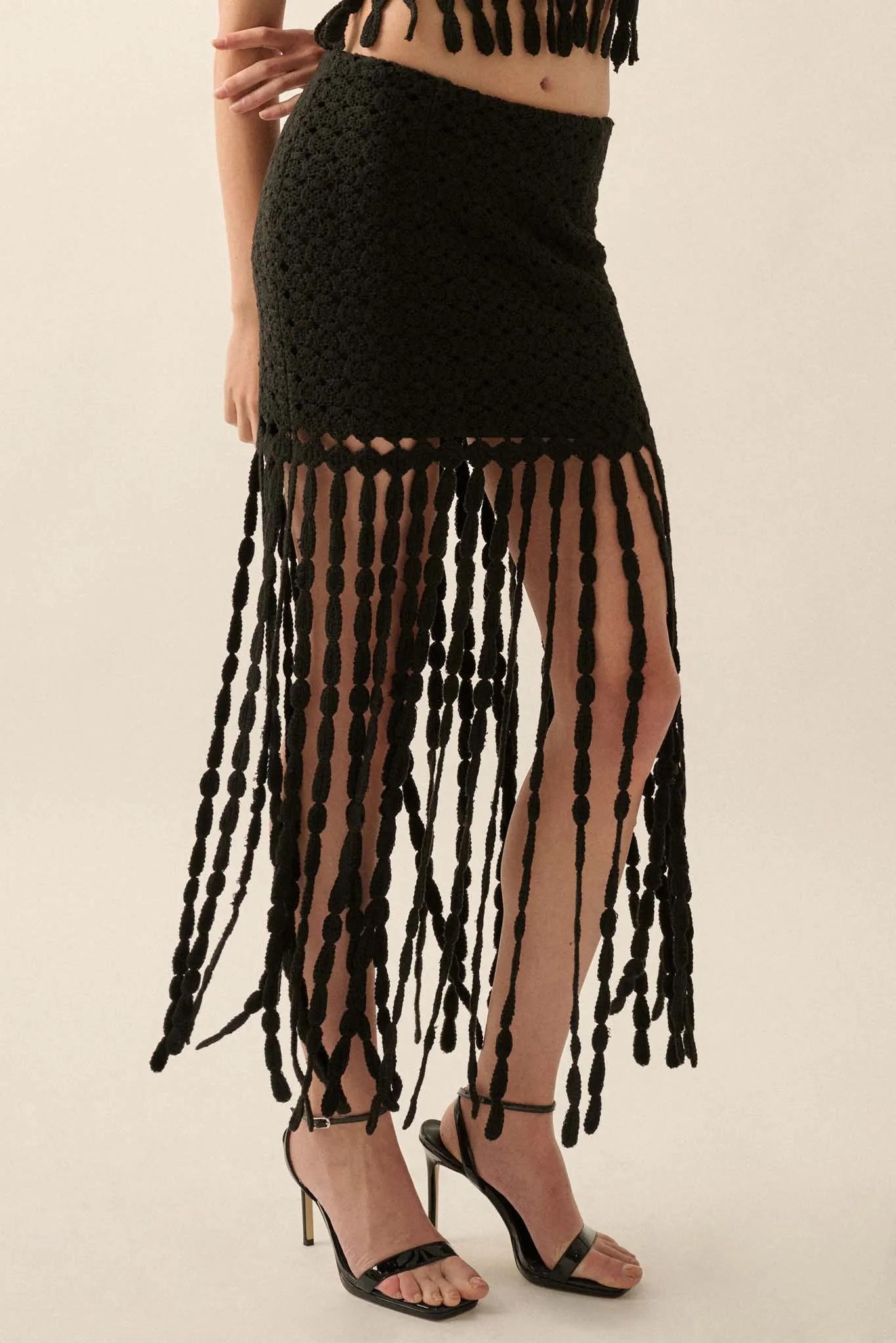 Hippie Spirit Crochet Knit Fringe Maxi Skirt