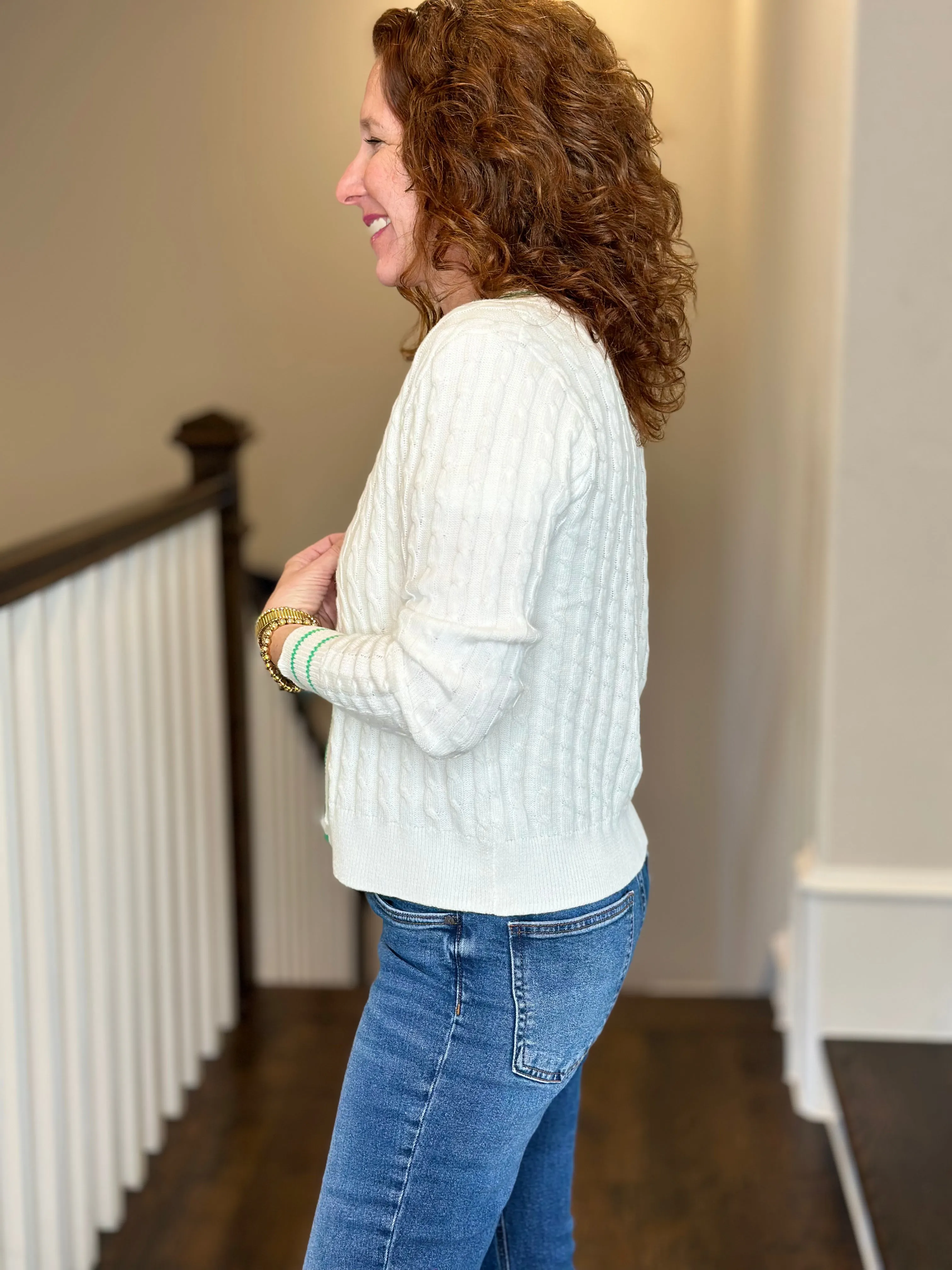 J Society Cable Varsity Cardi in White/Clover