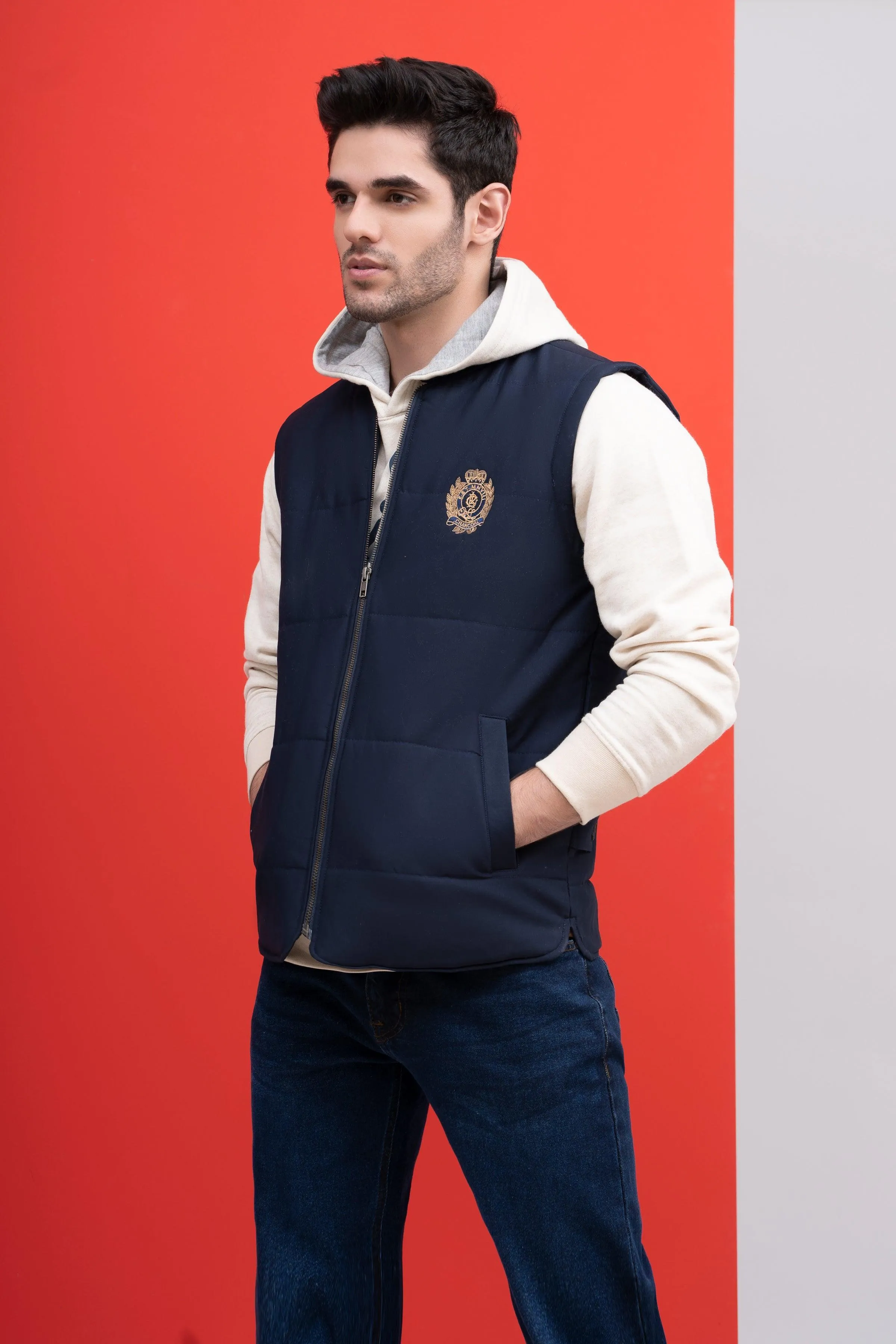 JACKET QUILTED WITH RIB BAN S/L NAVY