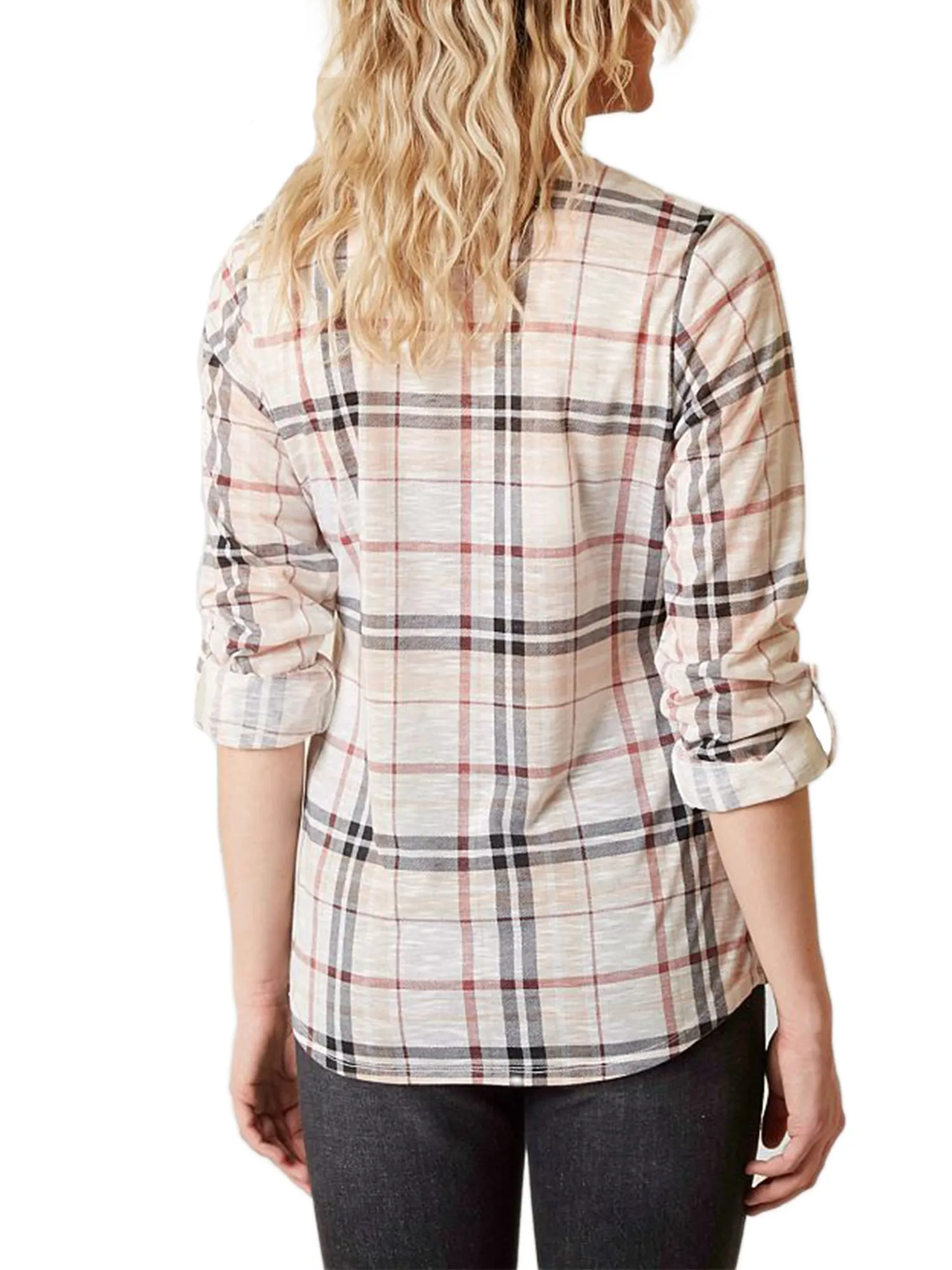 KOGMO Womens Roll Up Sleeve Lace Up Plaid Knit Top