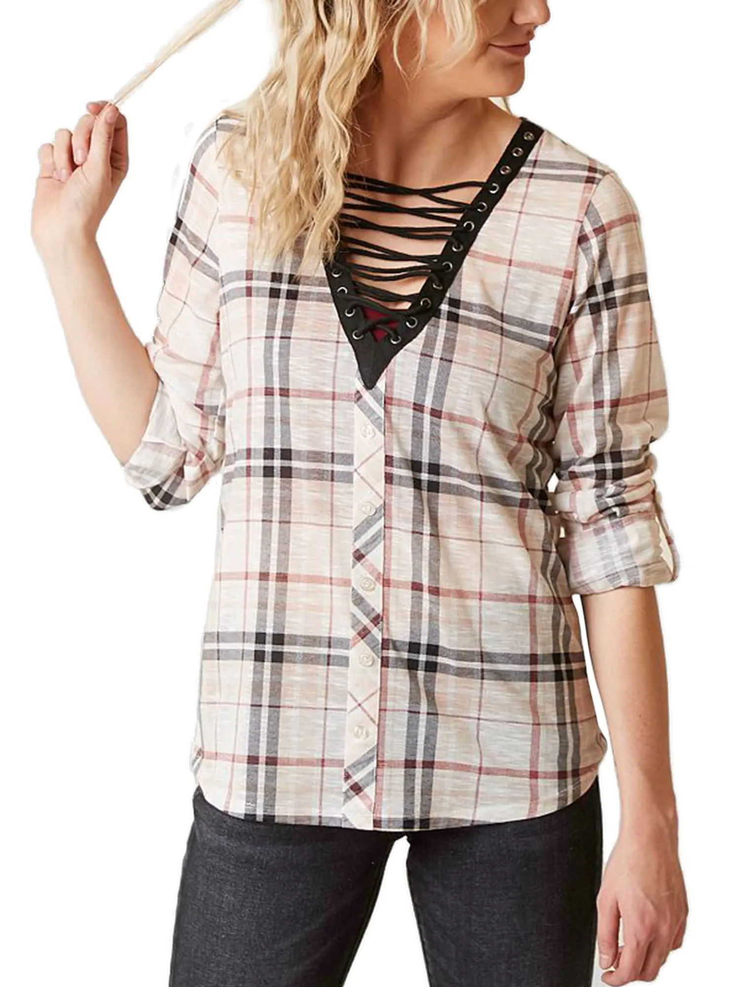 KOGMO Womens Roll Up Sleeve Lace Up Plaid Knit Top