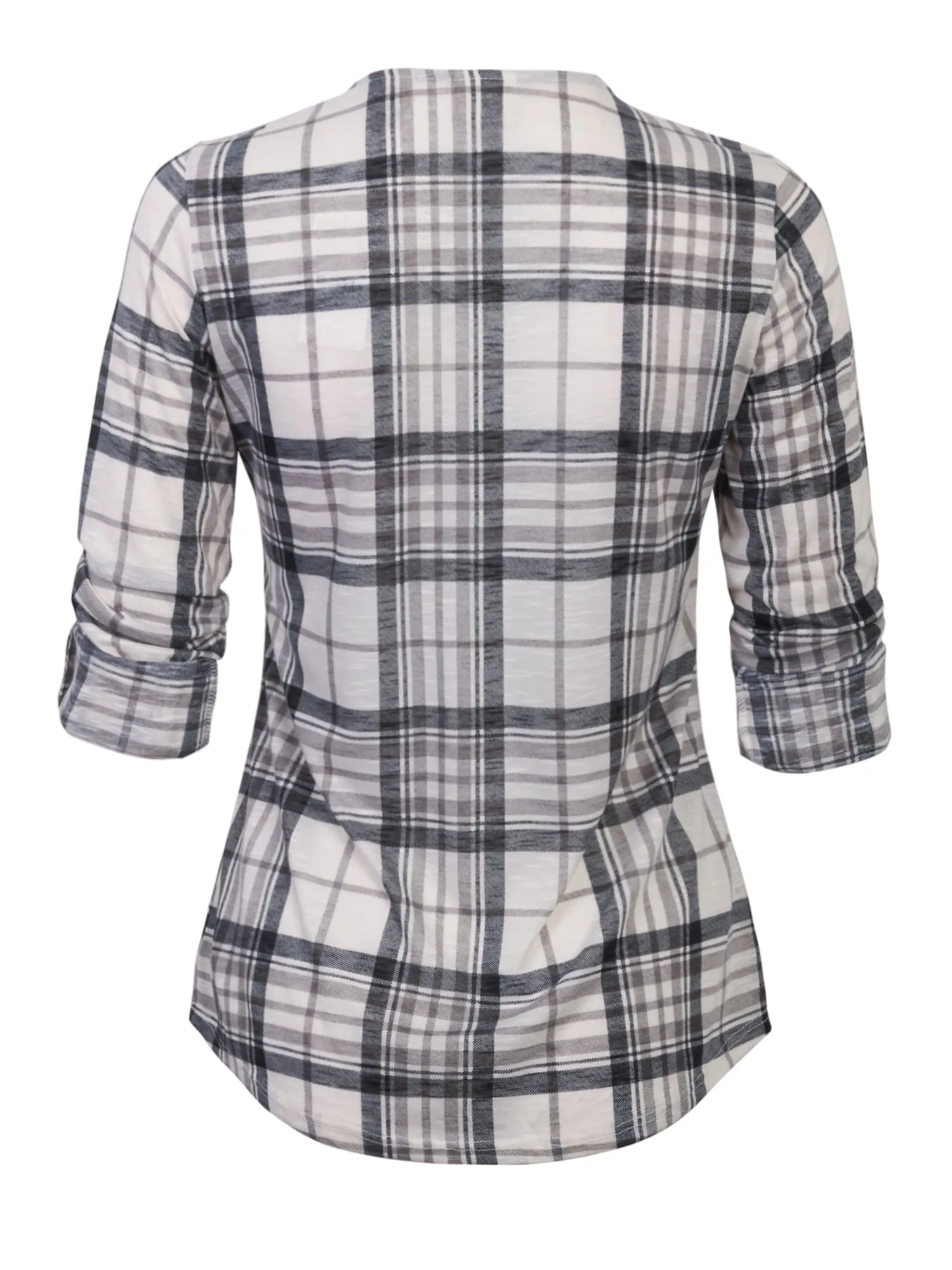 KOGMO Womens Roll Up Sleeve Lace Up Plaid Knit Top