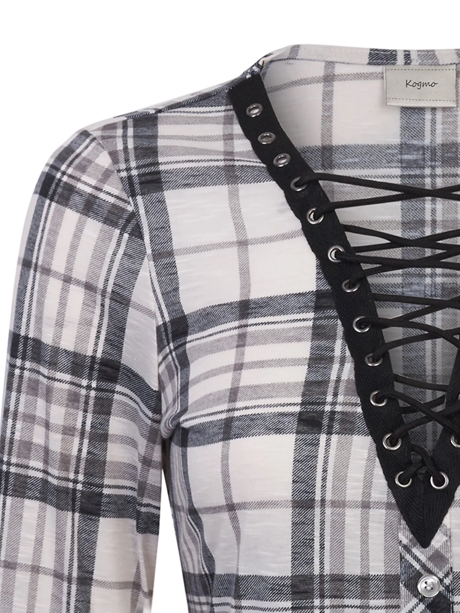KOGMO Womens Roll Up Sleeve Lace Up Plaid Knit Top