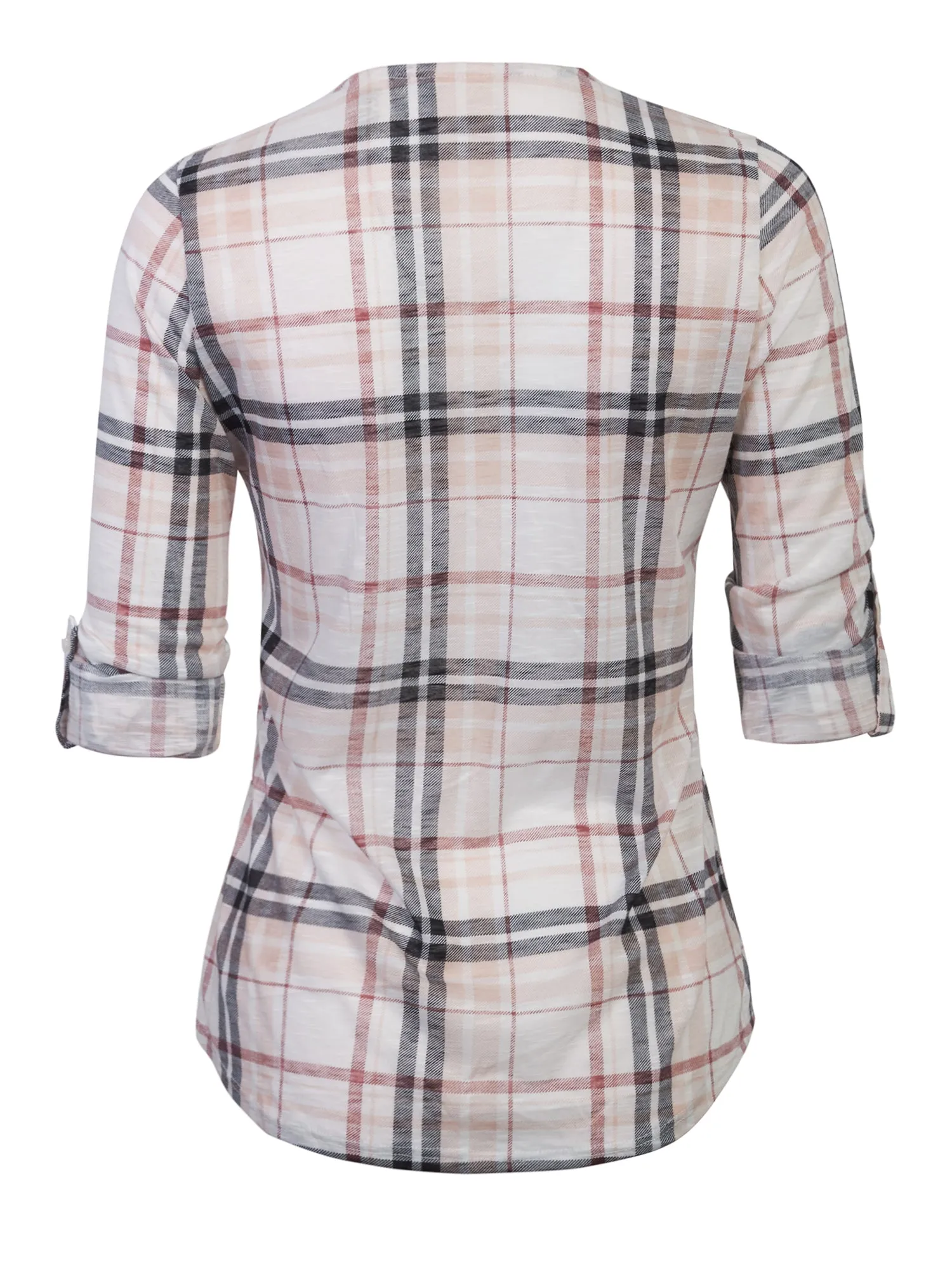 KOGMO Womens Roll Up Sleeve Lace Up Plaid Knit Top