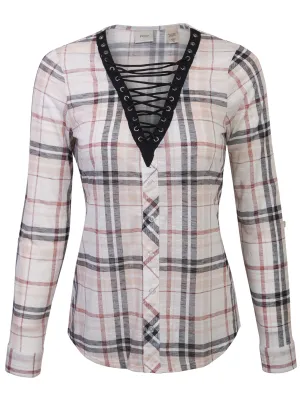 KOGMO Womens Roll Up Sleeve Lace Up Plaid Knit Top