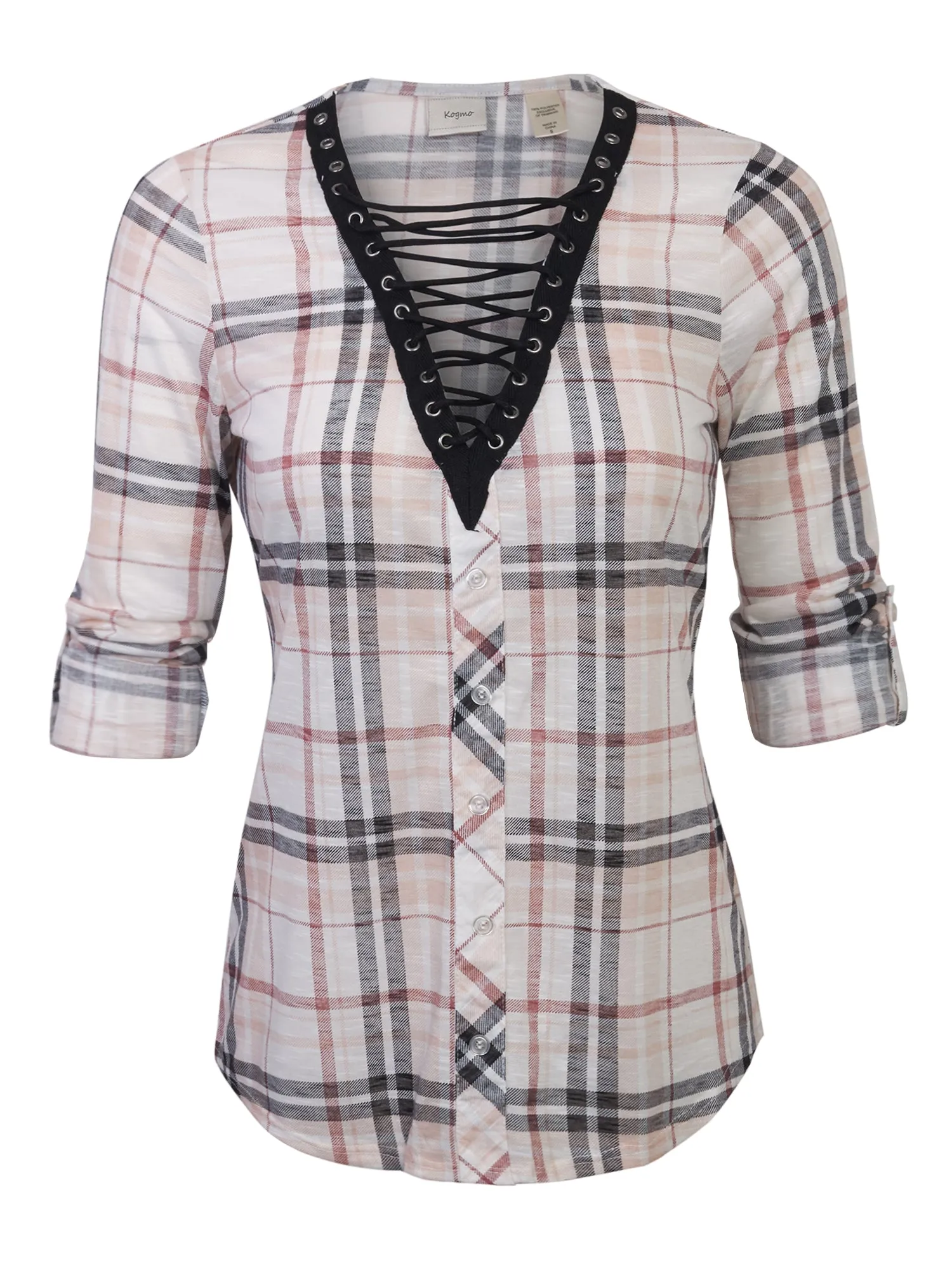 KOGMO Womens Roll Up Sleeve Lace Up Plaid Knit Top