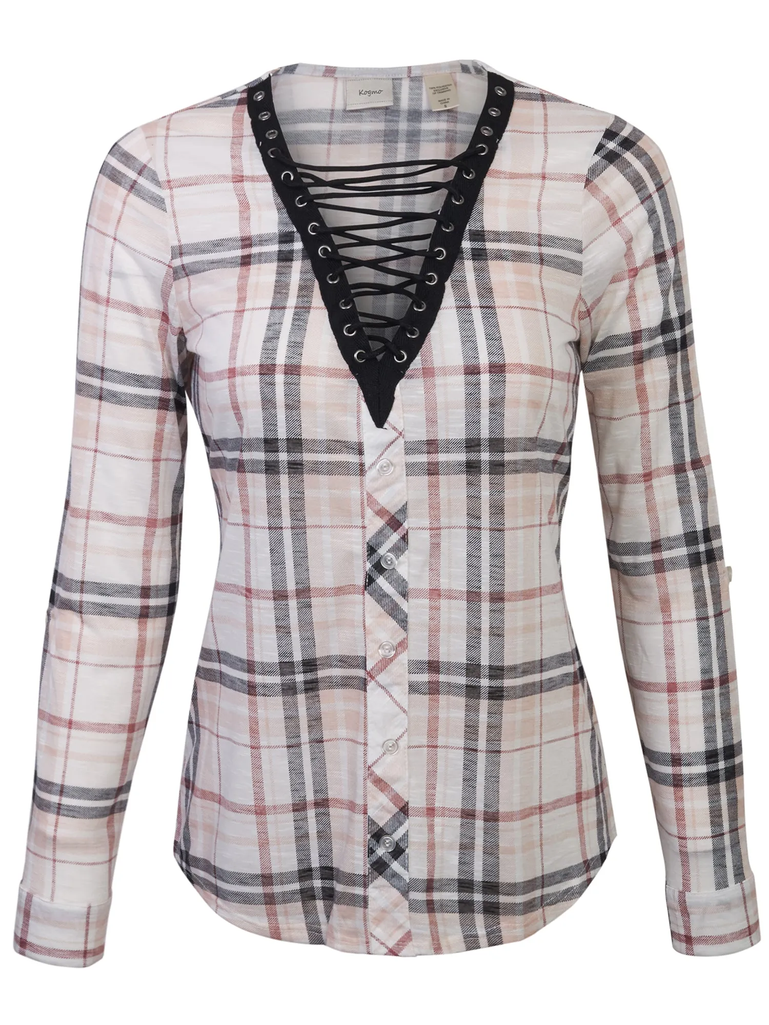 KOGMO Womens Roll Up Sleeve Lace Up Plaid Knit Top