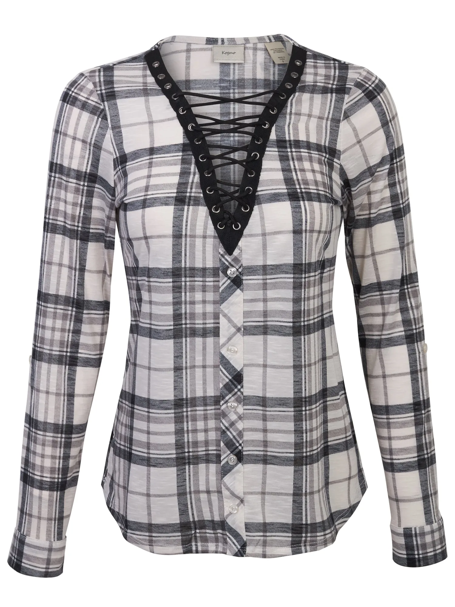 KOGMO Womens Roll Up Sleeve Lace Up Plaid Knit Top