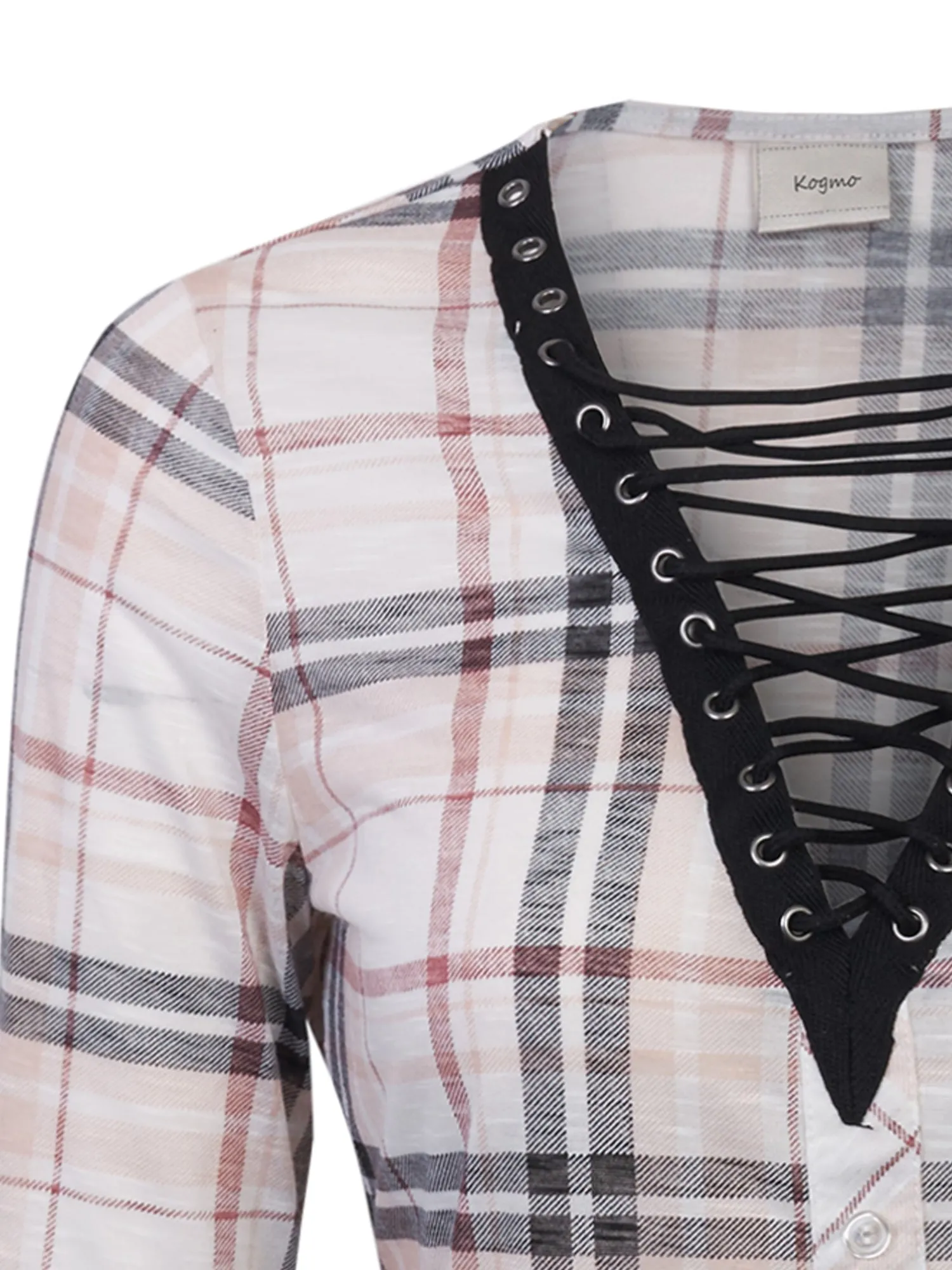 KOGMO Womens Roll Up Sleeve Lace Up Plaid Knit Top