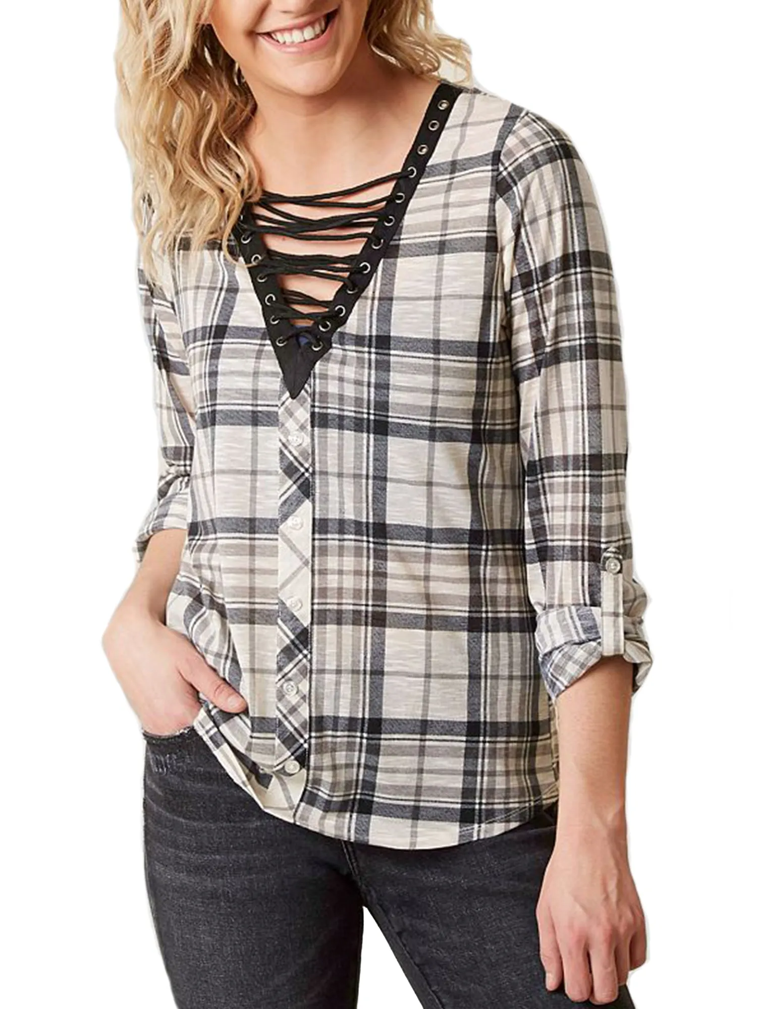 KOGMO Womens Roll Up Sleeve Lace Up Plaid Knit Top