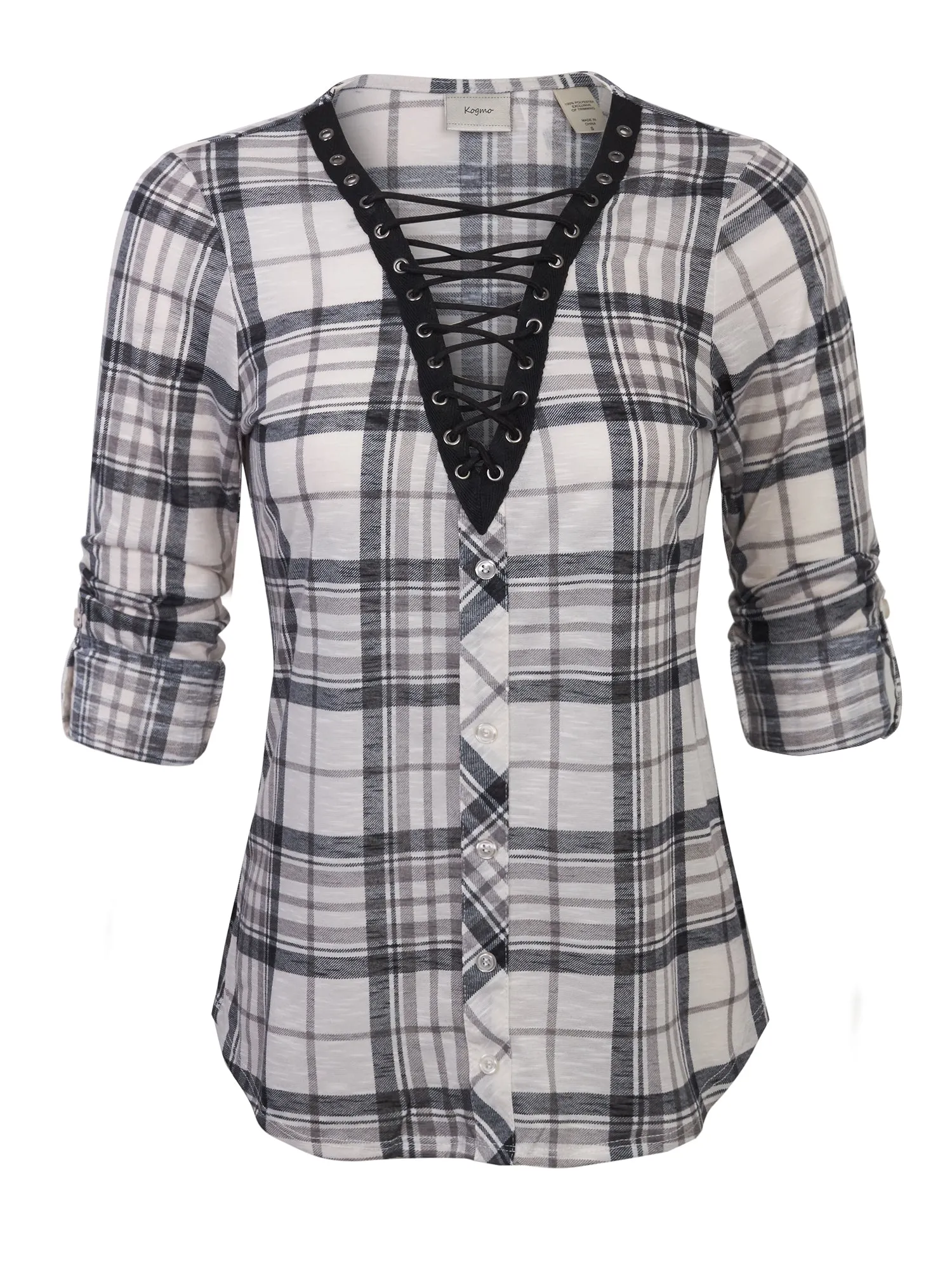 KOGMO Womens Roll Up Sleeve Lace Up Plaid Knit Top