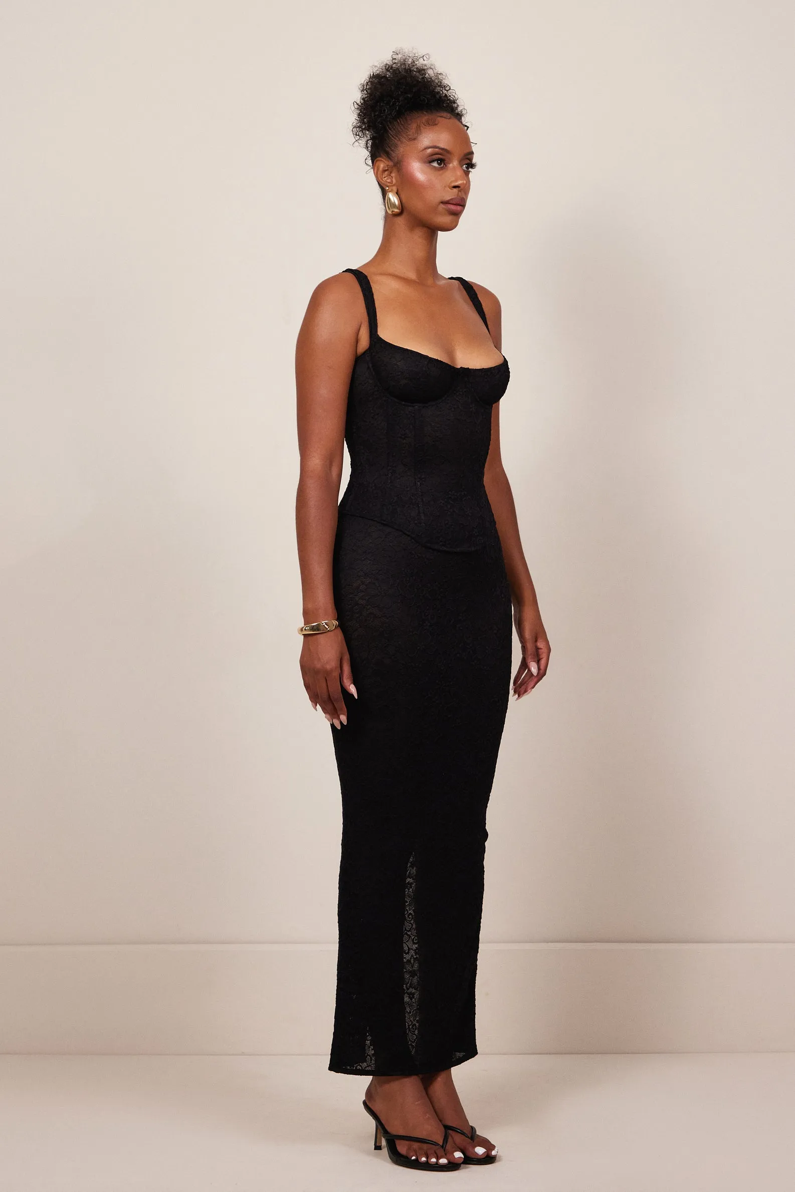 Lace cup corset maxi set Black
