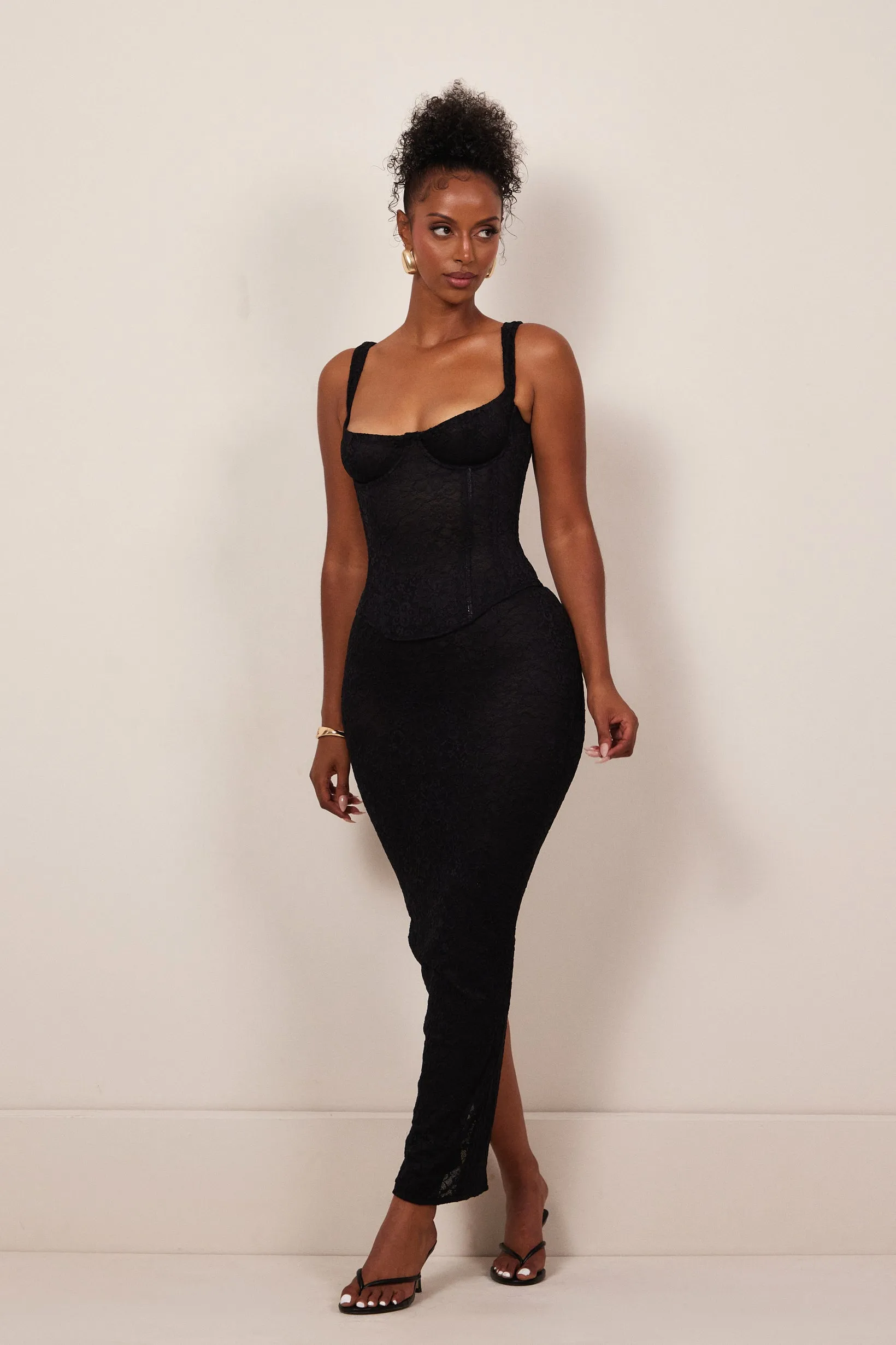Lace cup corset maxi set Black