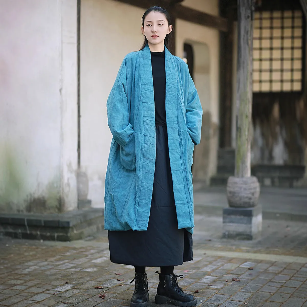 Ladies’ Retro Tie-Dye Quilted Ramie Coat with Long Sleeves