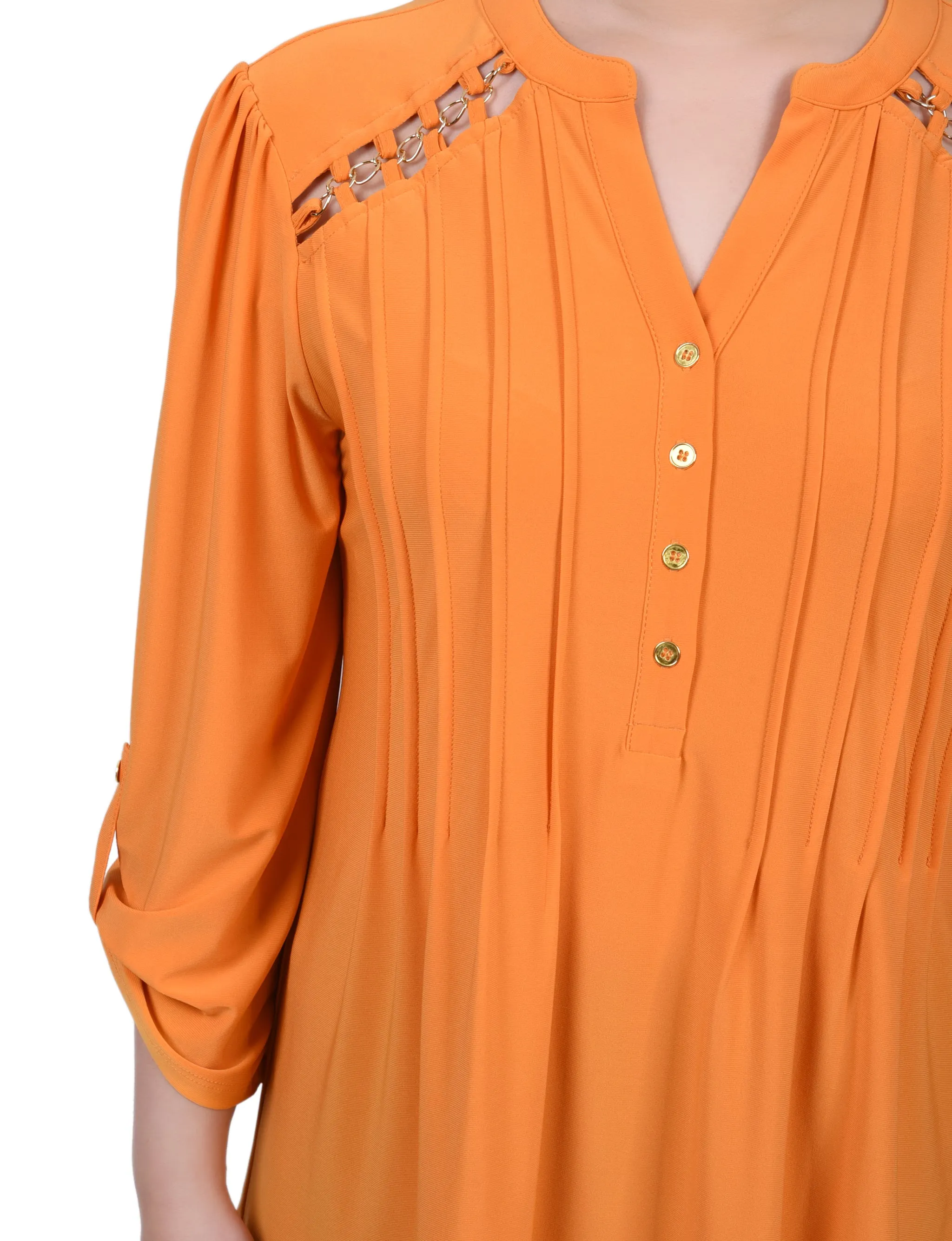 Long Sleeve Pintuck Front Top With Chain Details