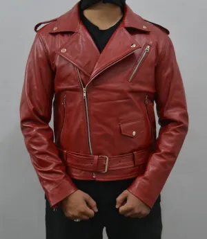 Men's Maroon Motorcycle Genuine Leather Slim-Fit Biker Jacket