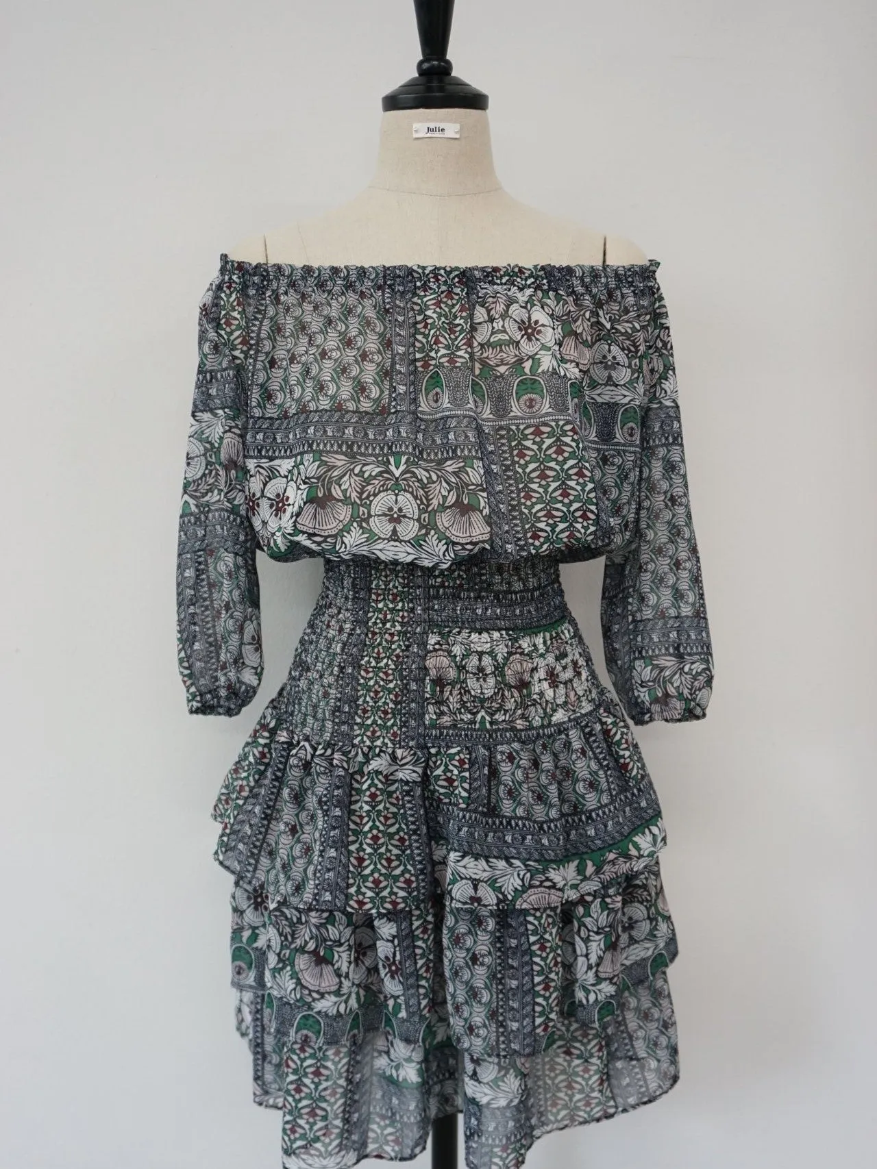OFF SHOULDER SHIRRED RUFFLE DRESS