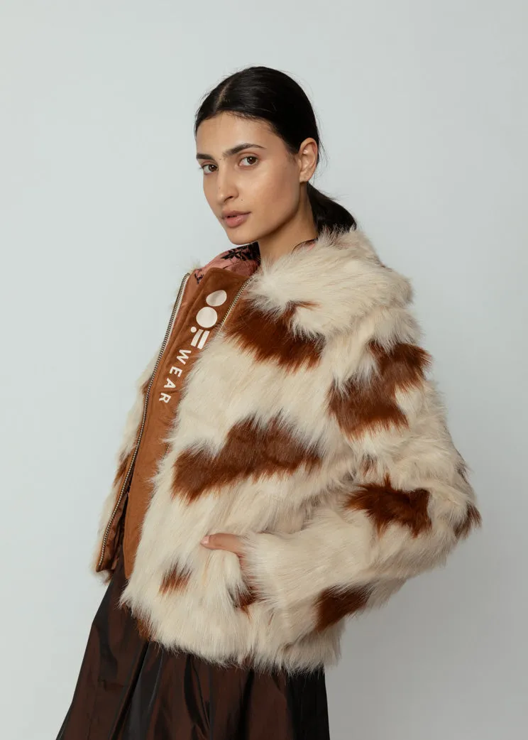 OOFWear Hooded Cow Print Faux Fur Short Jacket
