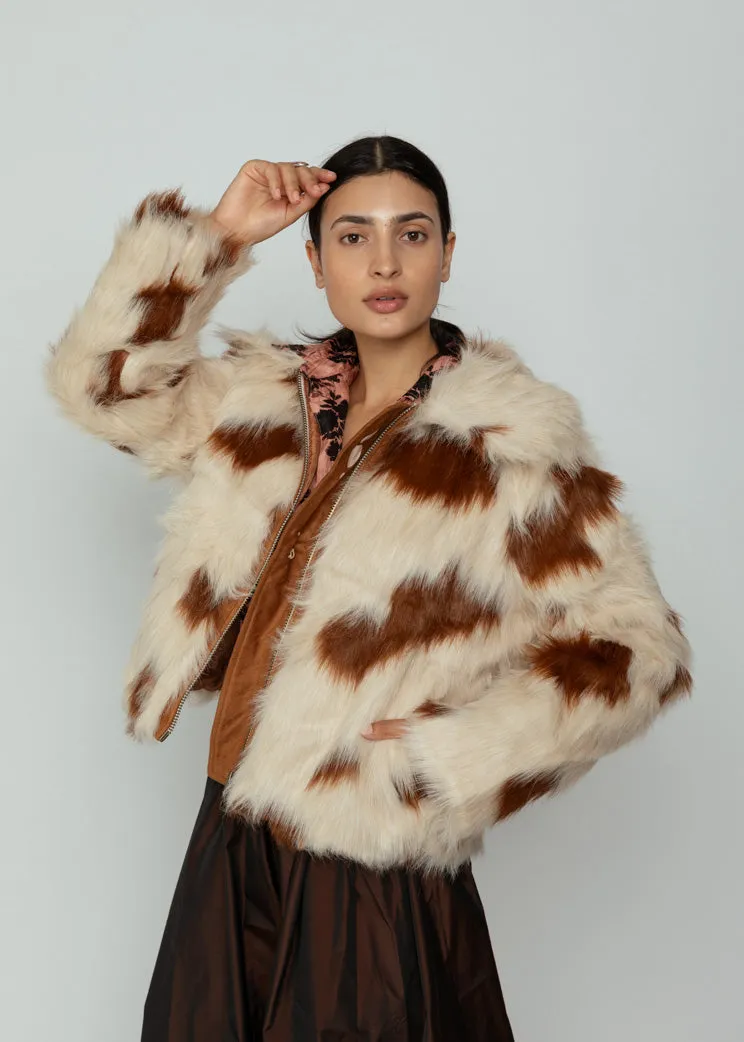 OOFWear Hooded Cow Print Faux Fur Short Jacket