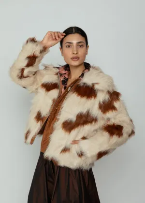 OOFWear Hooded Cow Print Faux Fur Short Jacket