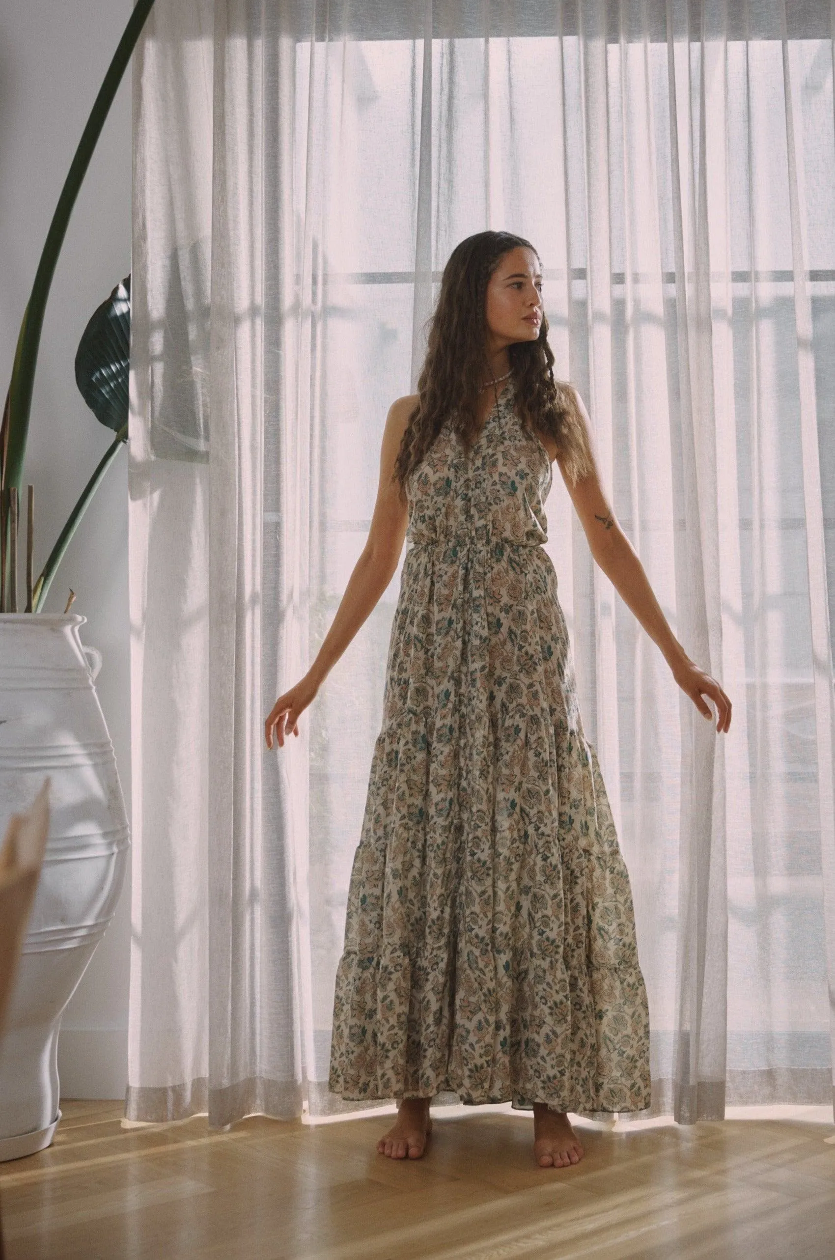 Paloma Floral Silk Habotai Halter Dress
