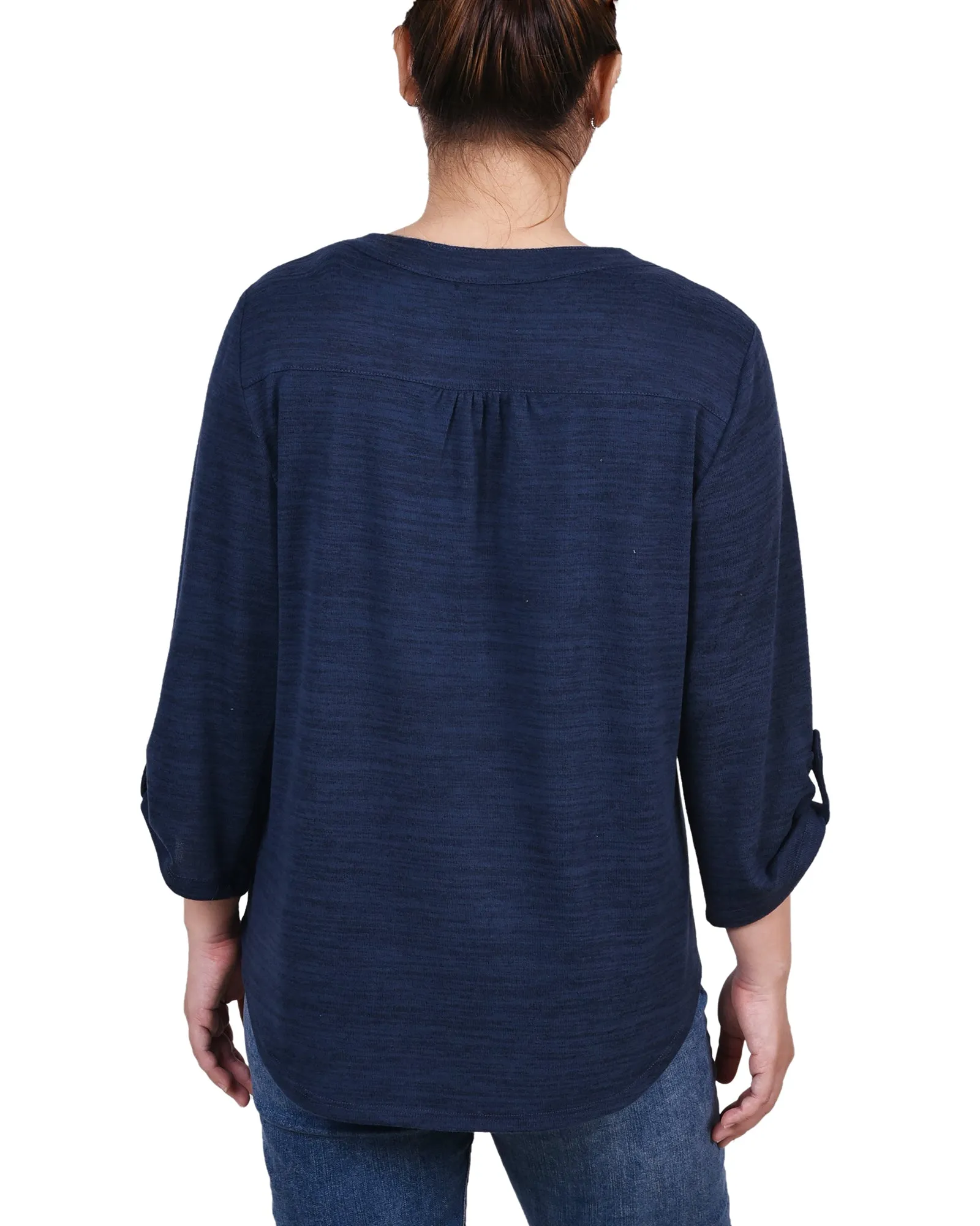 Petite 3/4 Roll Tab Sleeve Y Neck Top