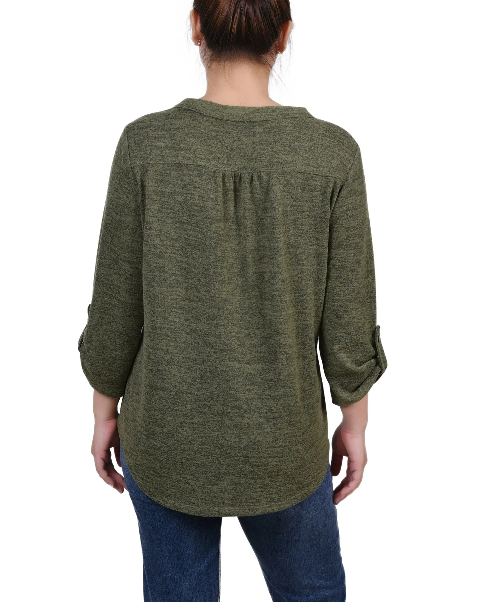 Petite 3/4 Roll Tab Sleeve Y Neck Top