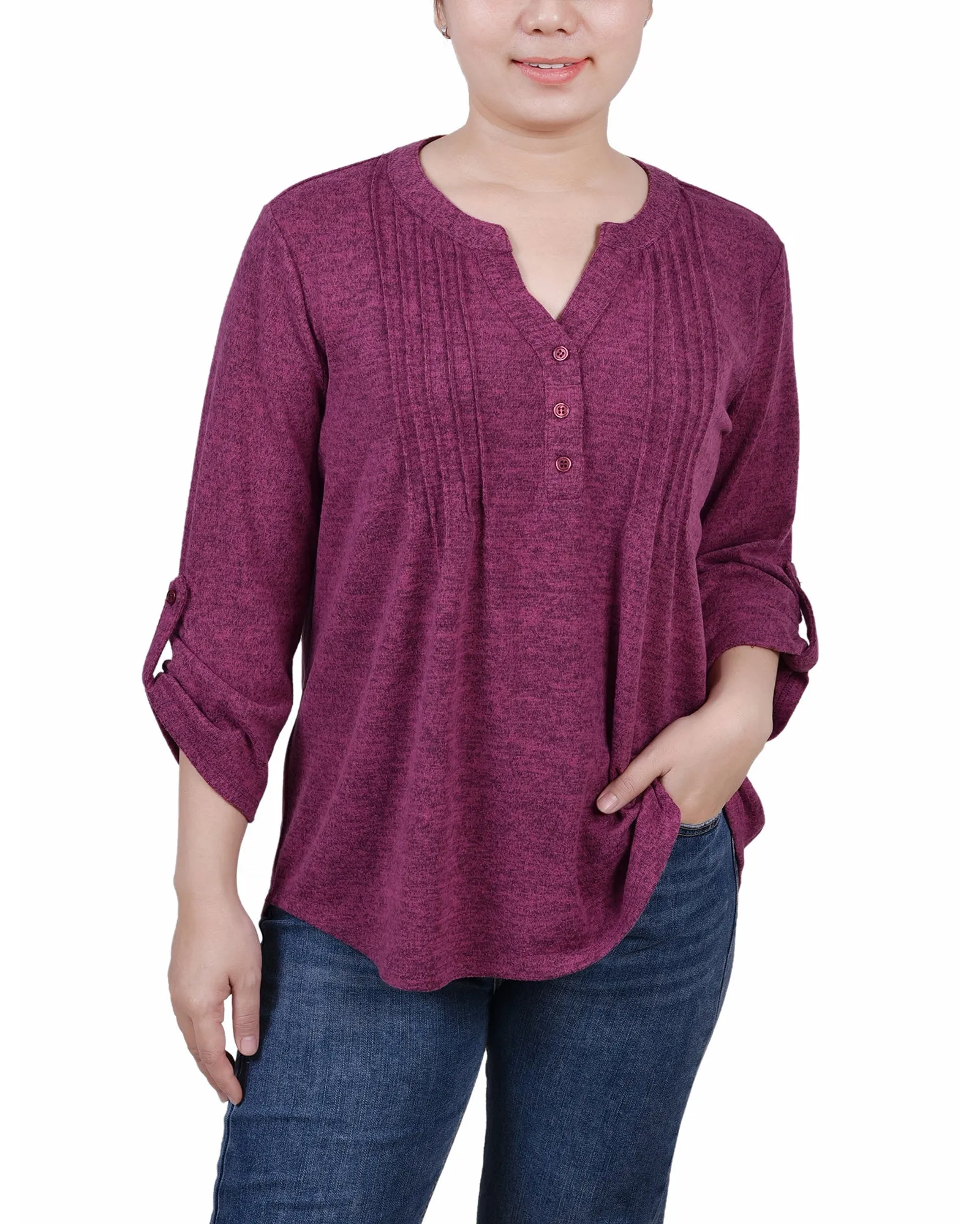 Petite 3/4 Roll Tab Sleeve Y Neck Top