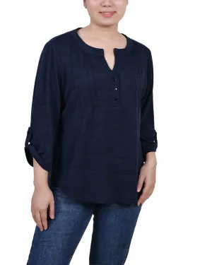 Petite 3/4 Roll Tab Sleeve Y Neck Top