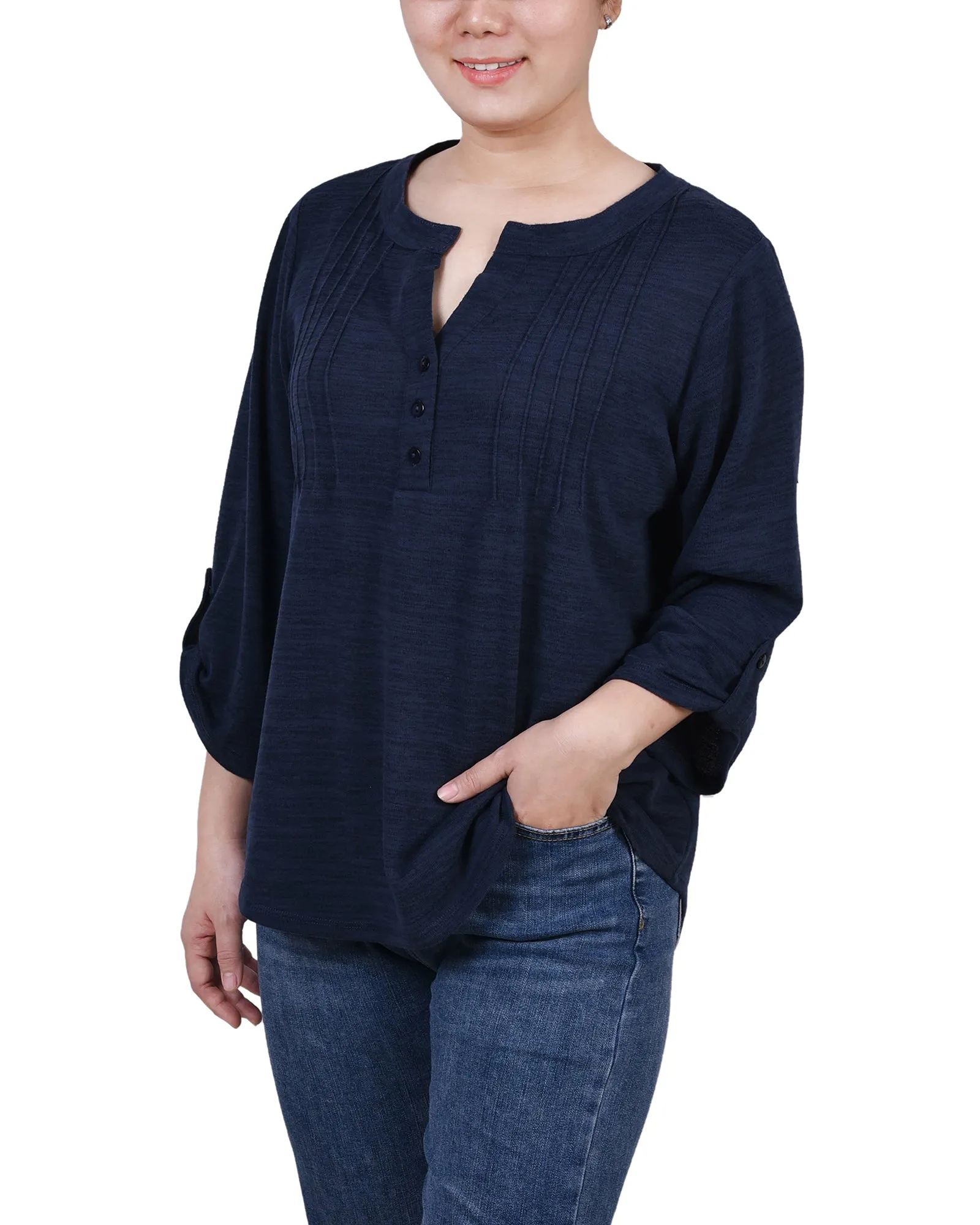 Petite 3/4 Roll Tab Sleeve Y Neck Top
