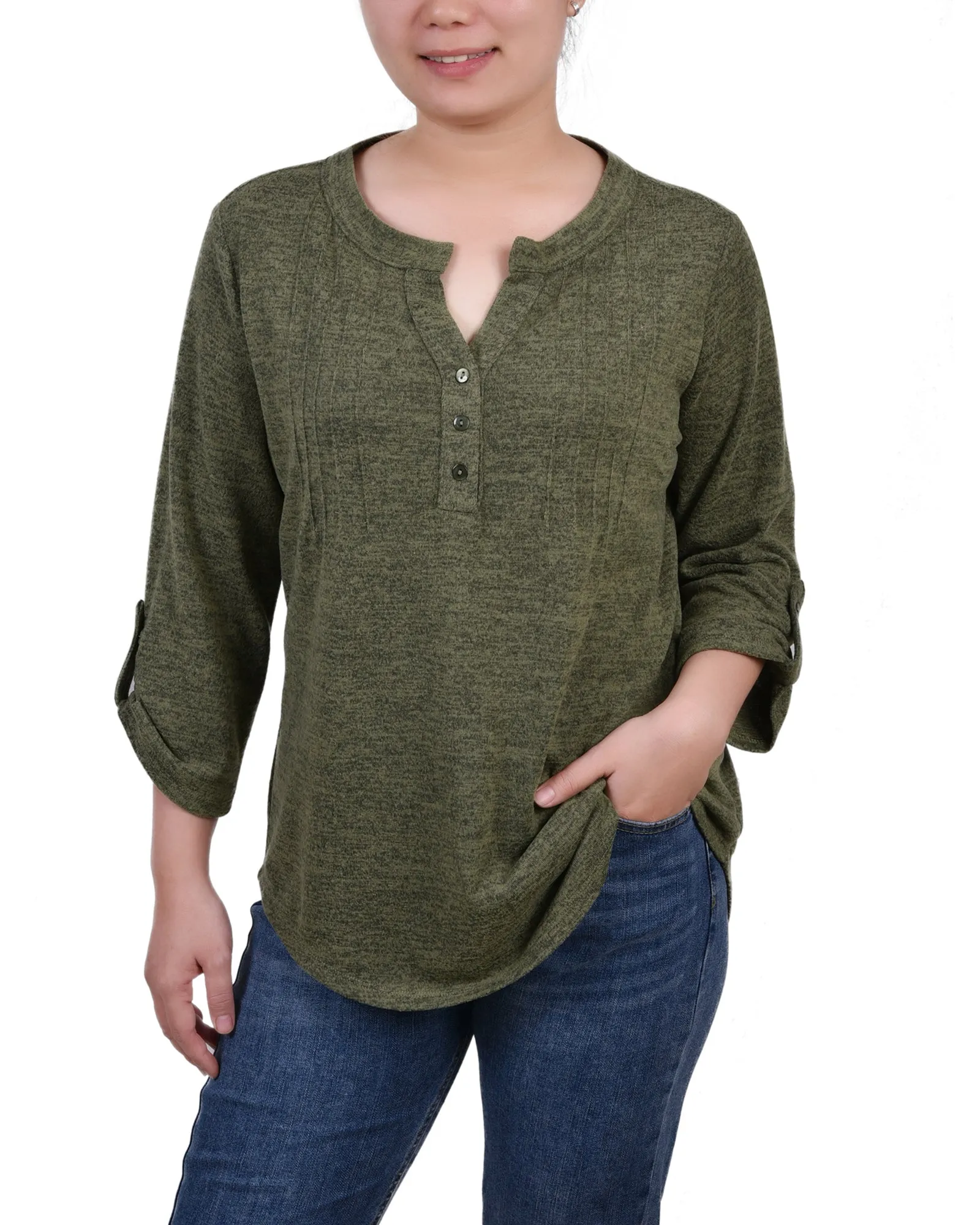 Petite 3/4 Roll Tab Sleeve Y Neck Top