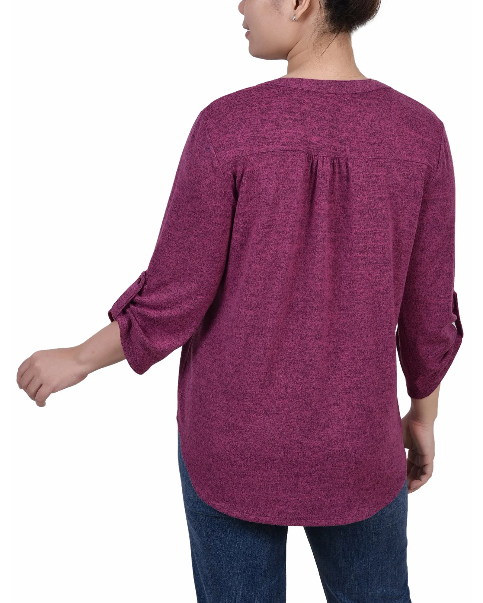 Petite 3/4 Roll Tab Sleeve Y Neck Top