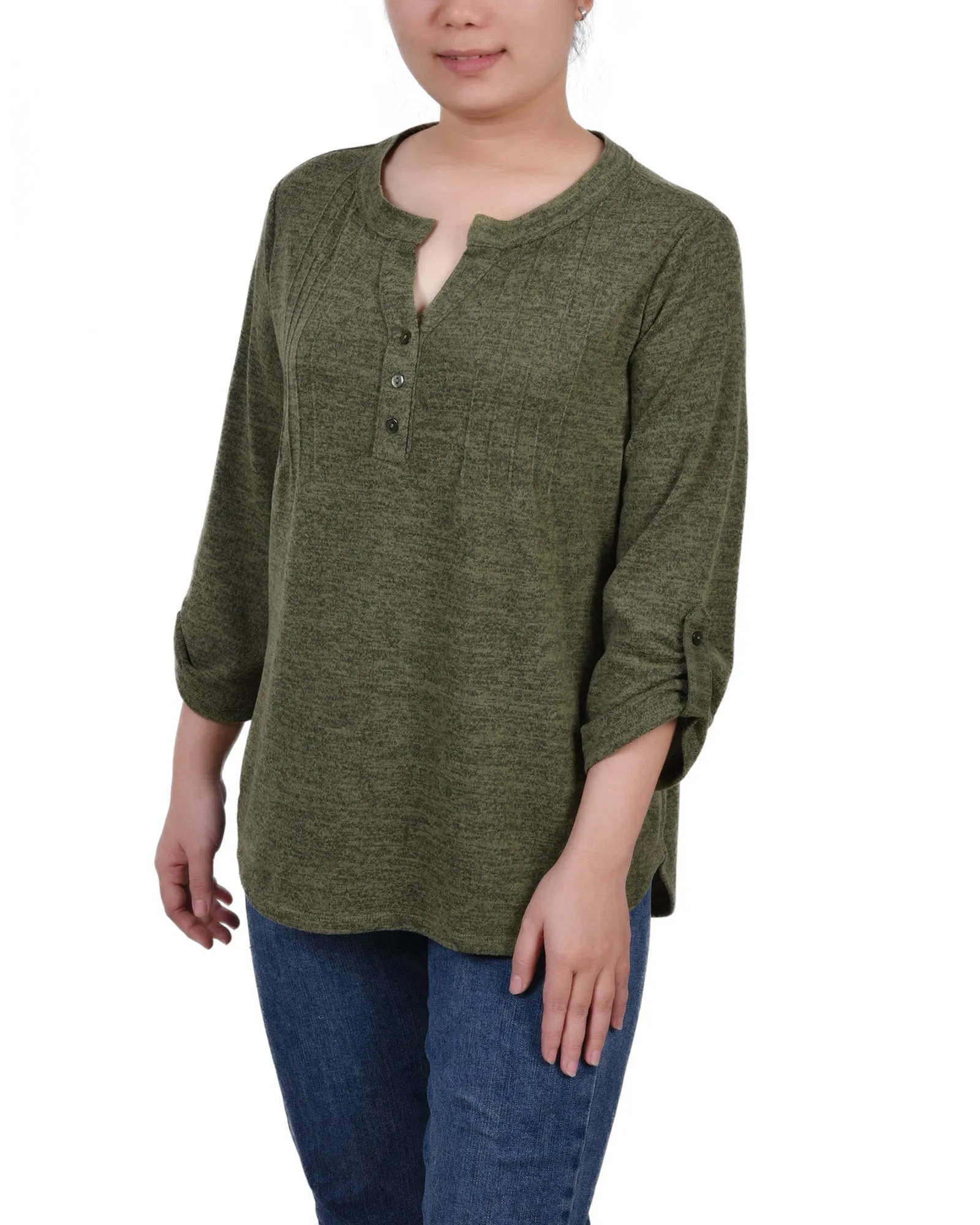 Petite 3/4 Roll Tab Sleeve Y Neck Top