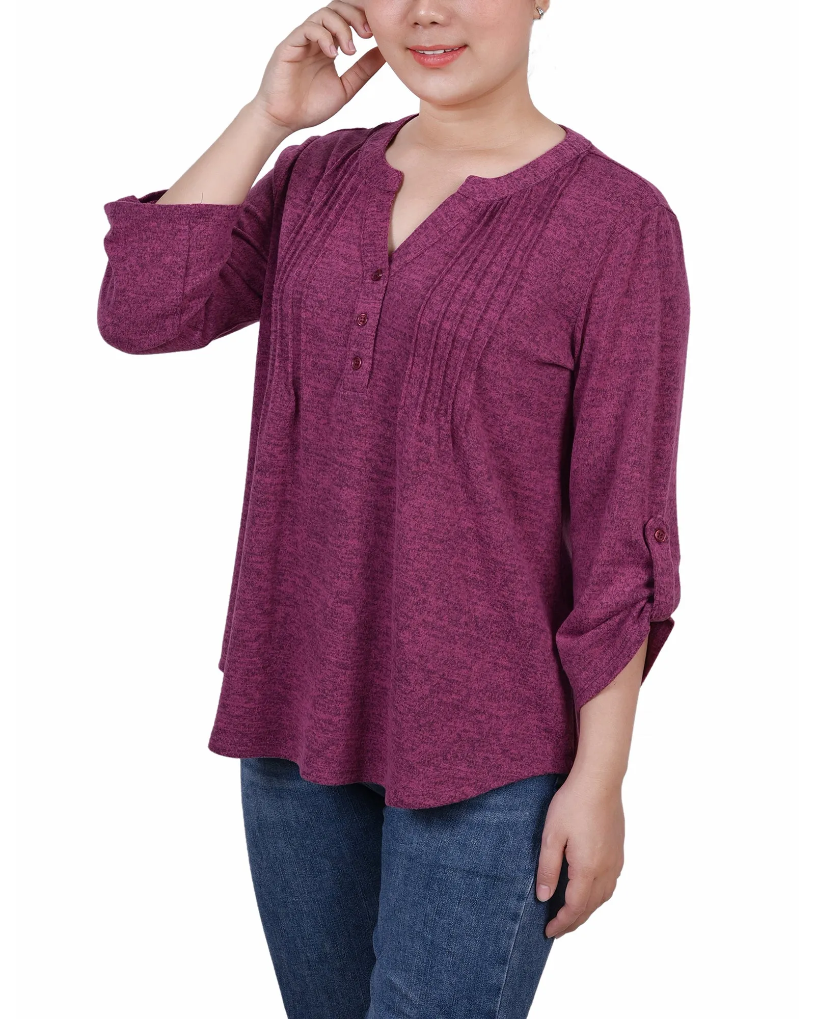 Petite 3/4 Roll Tab Sleeve Y Neck Top